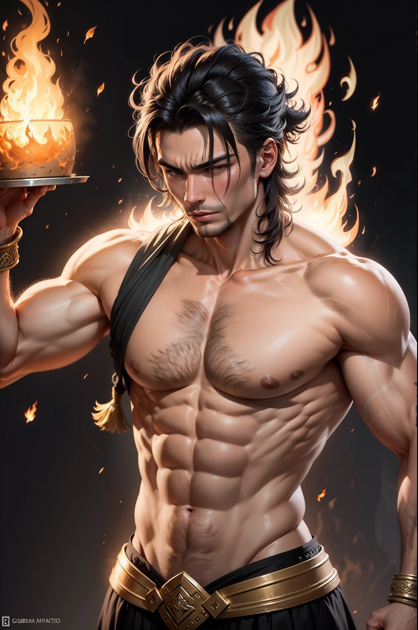 Tribo guerreira masculina asiatica, god of fire and is the first to appear loud as a god, cabelo longo branco, folha de design de personagem, Diferentes poses, different angles