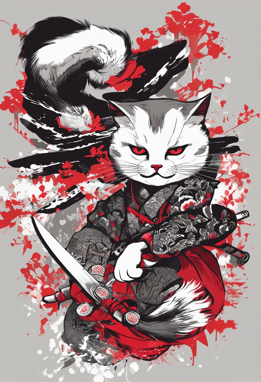 "(gato samurai preto+vermelho+Branco), incredible details, pose feroz, Traditional Japanese background, epic illustration, Flawless image quality"