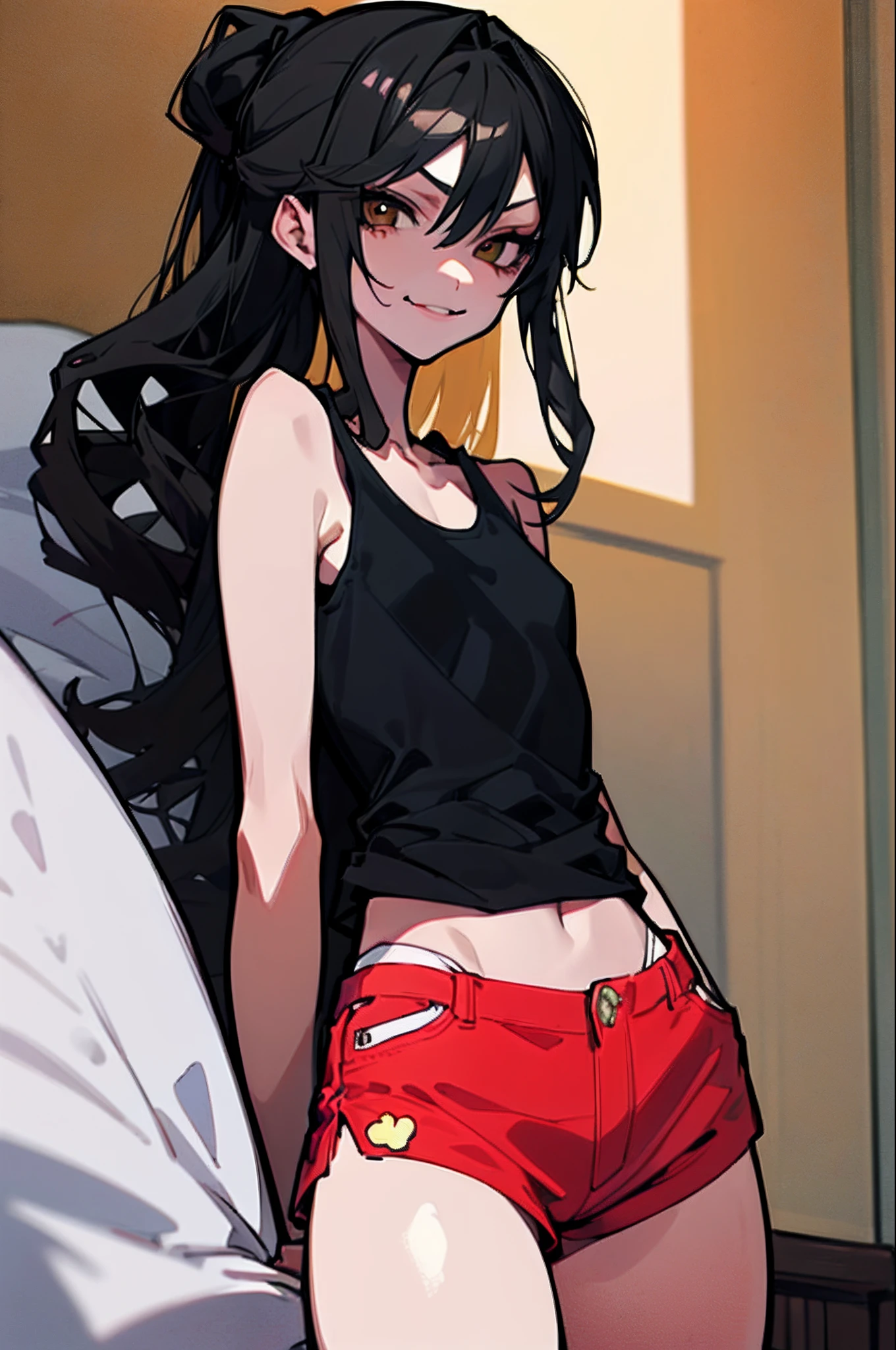 (top-quality、masterpiece:1.2), 1girl in、Beautiful fece, yuuki mikan、(Tank Tops、hotpants), Black hair、Brown eyes、hair adornments、length hair、top knot、hair wavy、small tits(Bedroom), ((Vicious look、Vulgar smile)),elegent、enticing、A sexy、Beautiful and well-groomed face、beautidful eyes、beautiful hairl、slick skin、Beautiful mouth、smooth legs