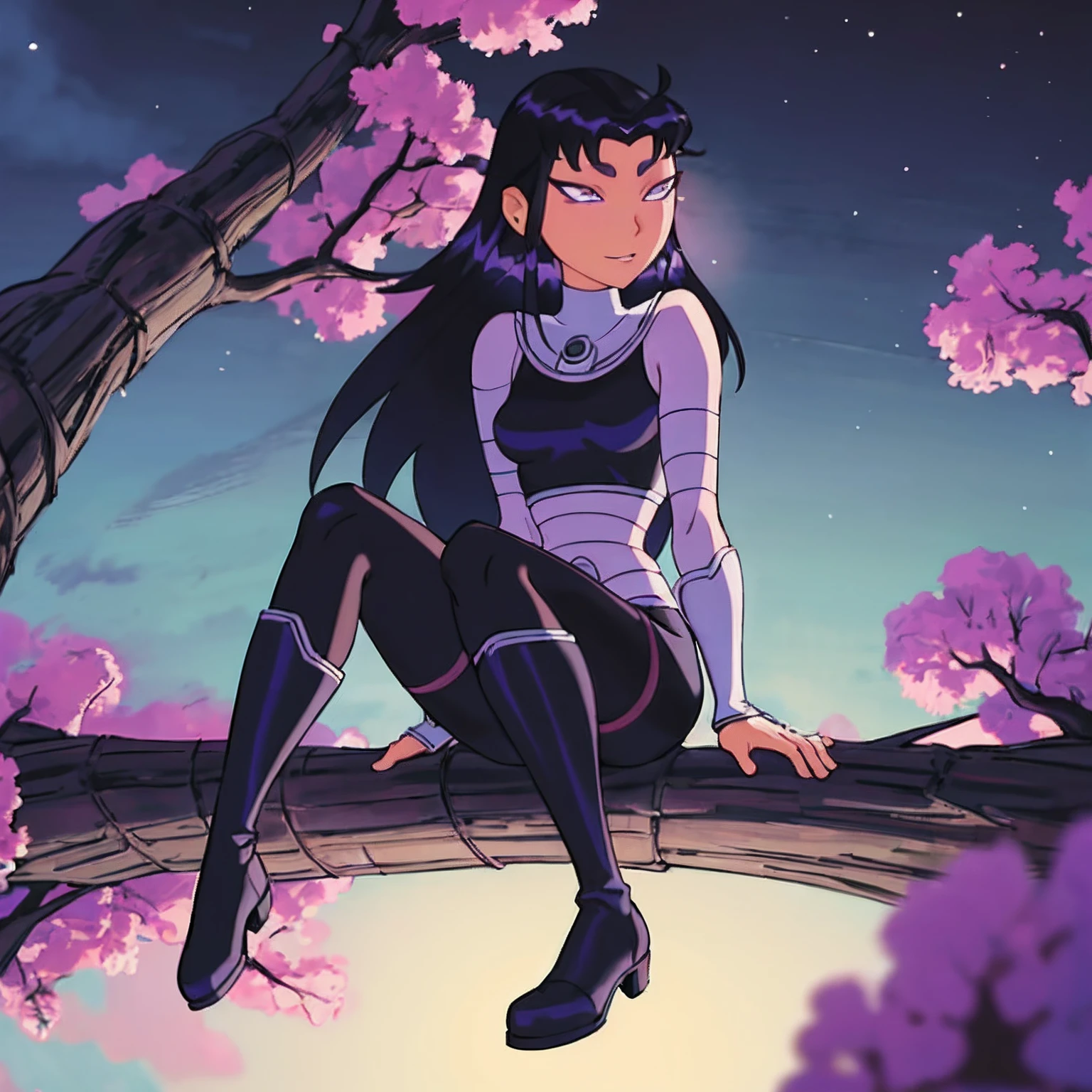 masterpiece, best quality, 1girl, perfect eyes, intricate details, perfect eyes, blackfire, cartoon style, armor, black skirt, black boots, full body, beautiful eyes, miniskirt, black leggings, sitting up in a tree, looking down at viewer, POV