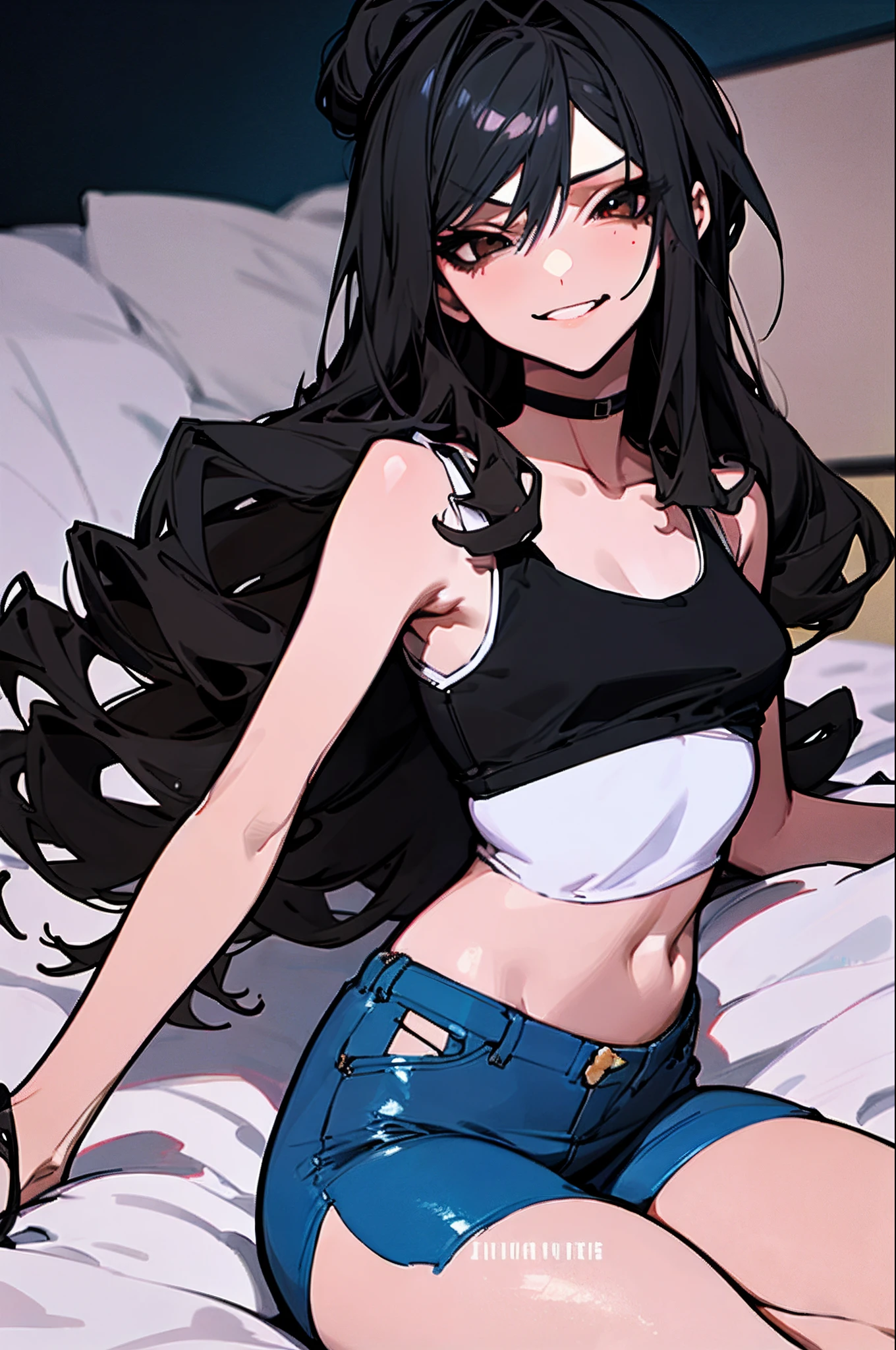 (8K、Top image quality、top-quality、masterpiece)、(1 girl)、Black hair twintails、red eyes、耳环、evil smile、smirk grin、(Smaller chest)、White camisole、denim short shorts、white over kneehighs、cowboy shot、Put your hands on your hips、park background