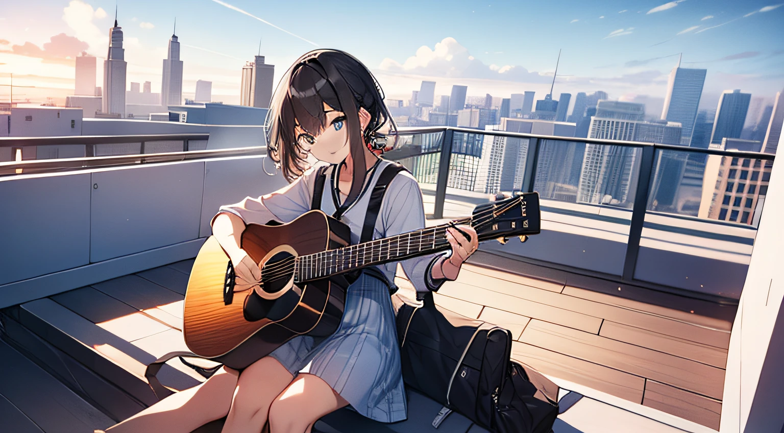 acoustic guitar、On the rooftop、schools、youthfulness、a couple、Beautiful men and women、校服