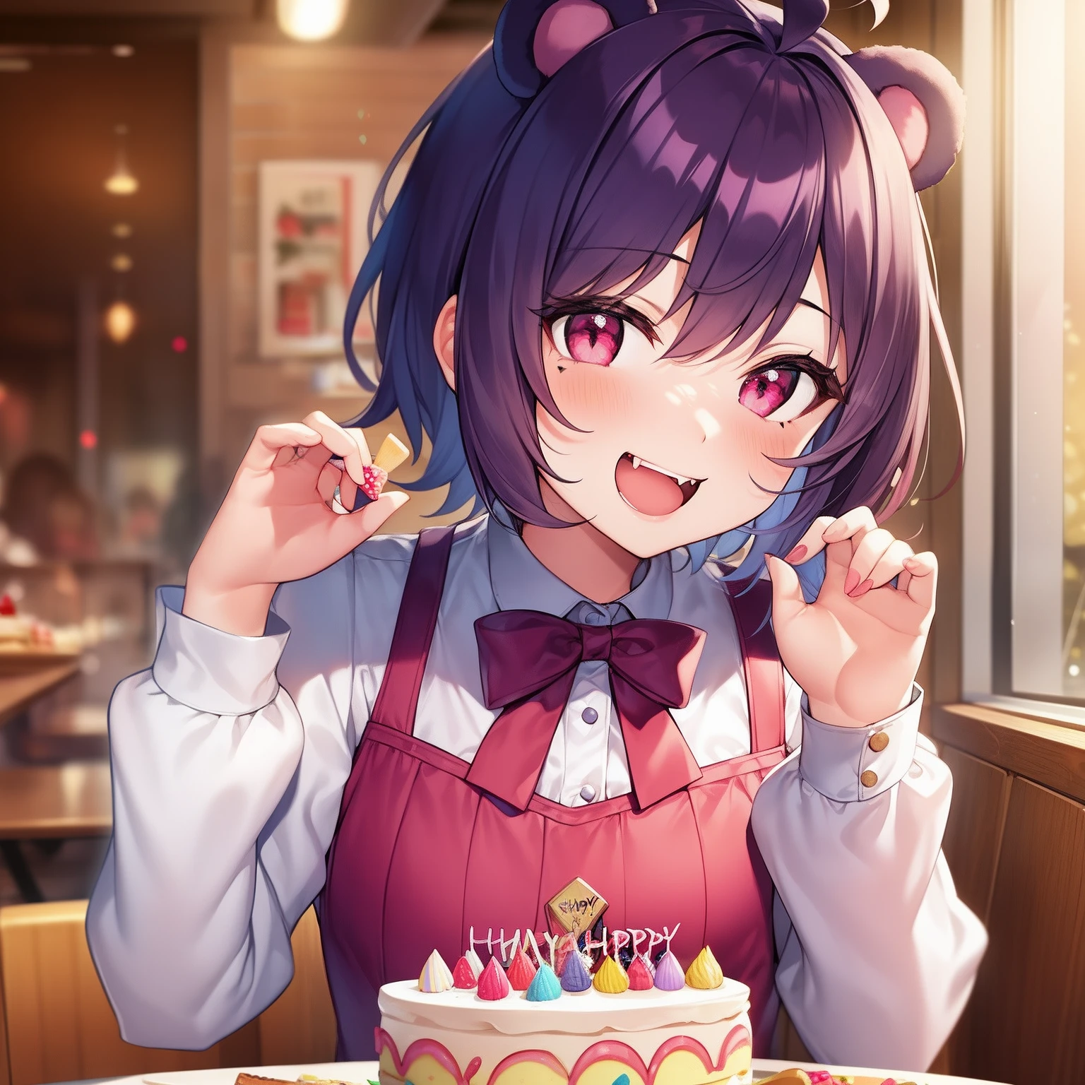 1girl, solo, animal ears, pose, happy, smiling, fangs, purple bear ears, purple hair, ahoge, bangs, short hair, original character, pink eyes, magenta eyes, red eyes, multicolor eyes, short hair, wavy hair, swept bangs, small breasts, flat chest, bear ears, tired, sleepy, bags under eyes, beauty mark, young, loli, short eyebrows, restaurant background, indoor background, laughing, food awe, food, looking at food, star pupils, awe, food, food plate, eating, cake, birthday cake, birthday, party, birthday party, cupcake, sweets, bakery, happy birthday, happy, excited, thankful, blush, smiling, smile, fangs