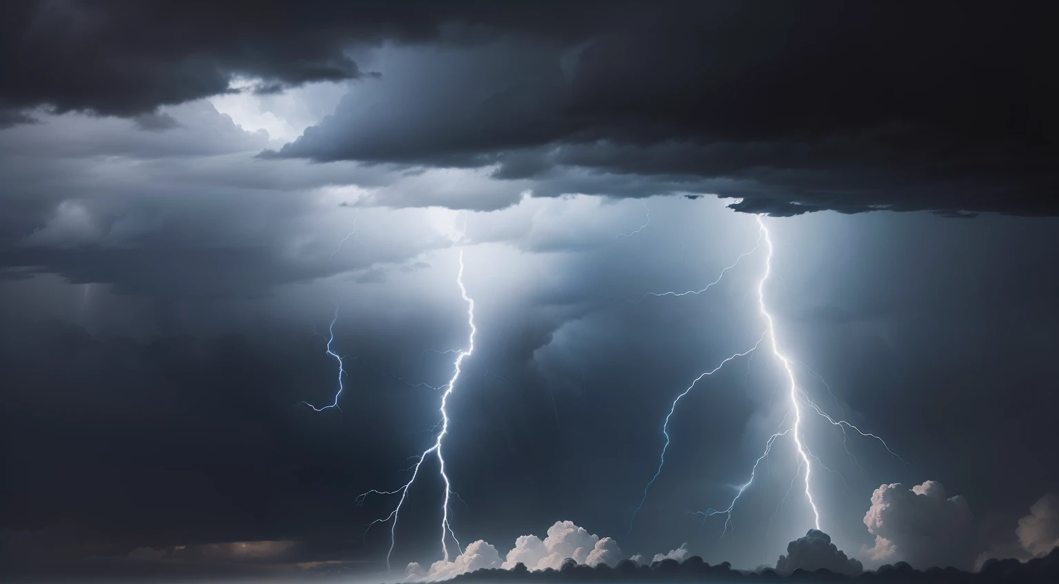 zoom into an overcast sky with strong lightning and thunder, and large drops of water and rain trickling down and falling