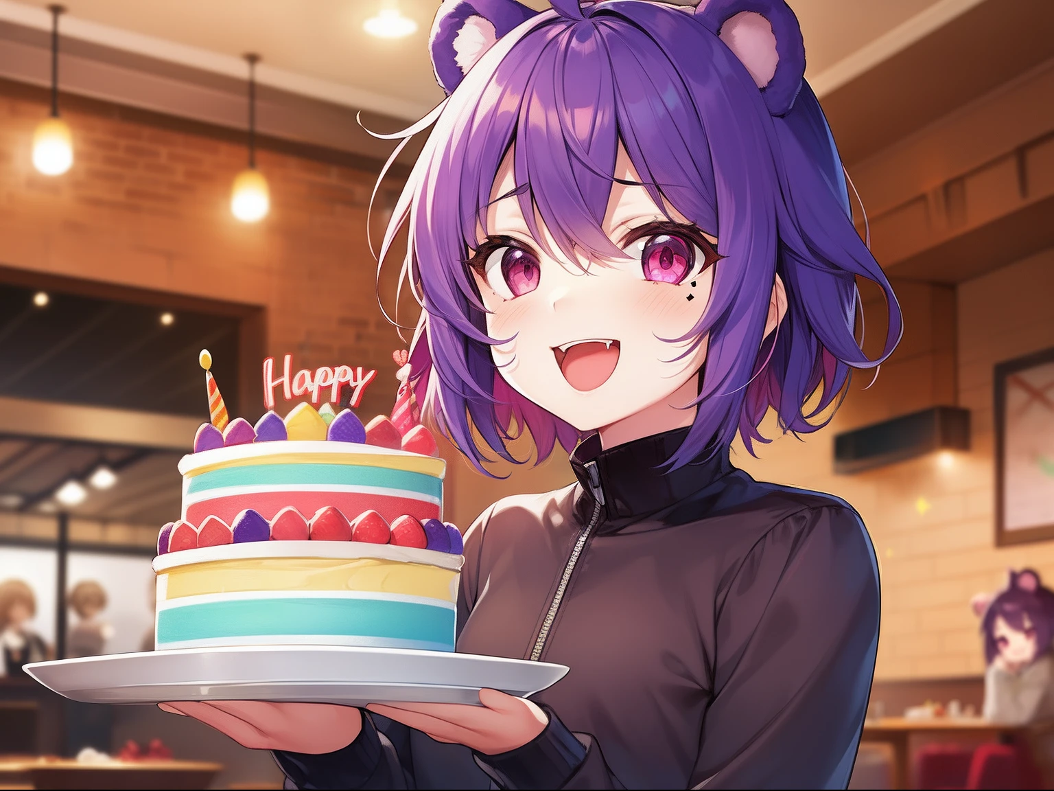 1girl, solo, animal ears, pose, happy, smiling, fangs, purple bear ears, purple hair, ahoge, bangs, short hair, original character, pink eyes, magenta eyes, red eyes, multicolor eyes, short hair, wavy hair, swept bangs, small breasts, flat chest, bear ears, tired, sleepy, bags under eyes, beauty mark, young, loli, short eyebrows, restaurant background, indoor background, laughing, food awe, food, looking at food, star pupils, awe, food, food plate, eating, cake, birthday cake, birthday, party, birthday party, happy birthday, happy, excited