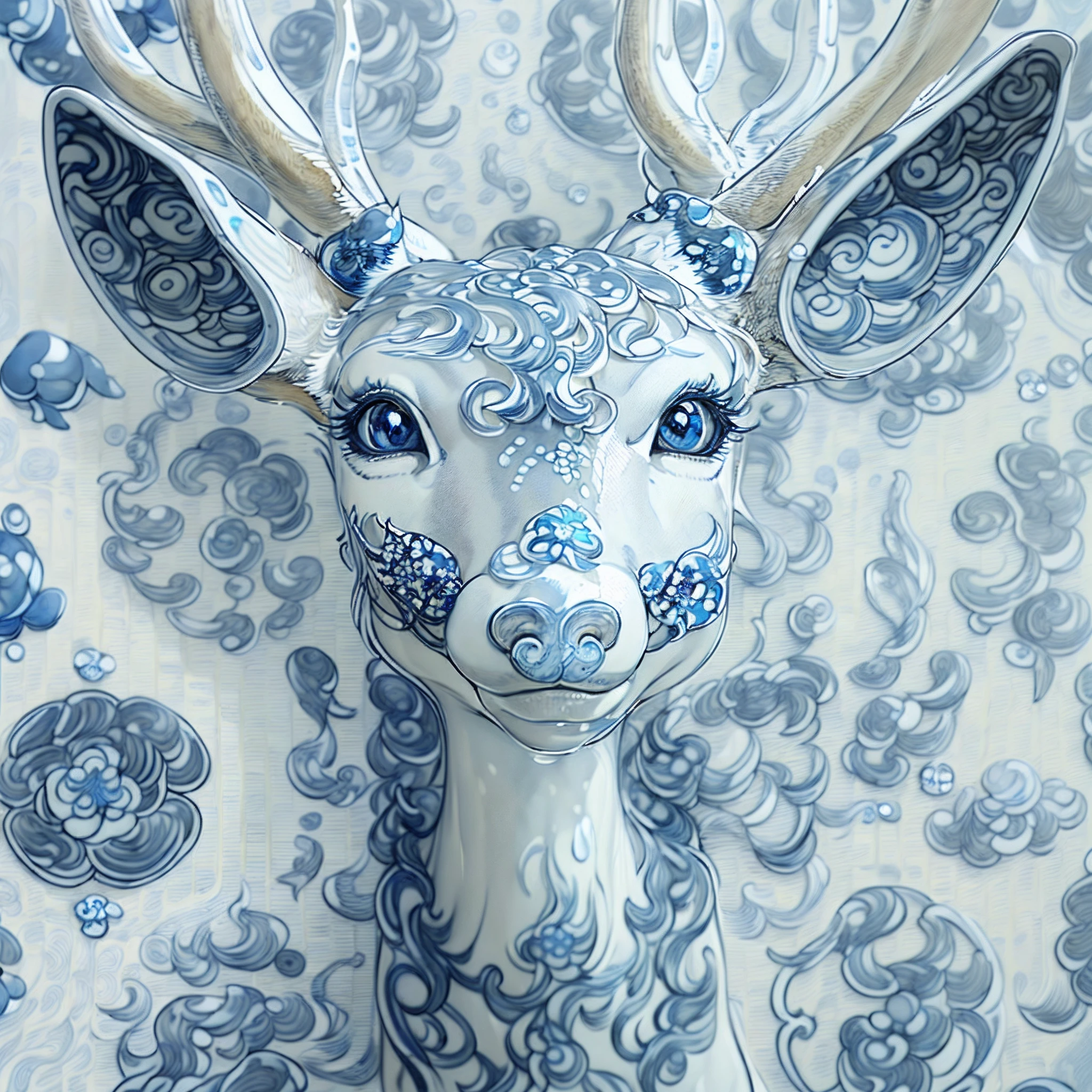 (tmasterpiece:1.2),(独奏:1.2)(best qualtiy),4K,Hyper-detailing,(dynamic compositions:1.4),highly detailed,Colorful detailed,,highest quality,(A deer looking up at the camera as blue and white porcelain:1.9),simplebackground,realisticlying。real photograph