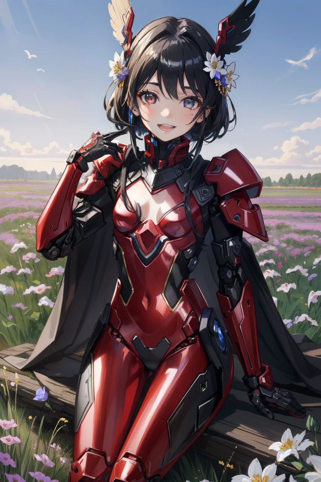 (​master piece, Best Quality), Intricate details, valkyrie, kawaii, (((Cheerful smile))), Opens mouth and laughs, Hand up, Looking at Viewer, Feather Headgear, (((Flower meadow))), Sitting,  student, 

1girl in, Solo, Realistic, ultra-detailliert, (Shiny skin:1.4), Absurd, slender, Dynamic lighting, High resolution, Sharp Focus, depth of fields, Detailed eyes, Sharp pupils, Realistic pupils, (Small breasts:1.6), (thick thighs:1.0), 

Portrait, short black Hair, drooping eyes, Crimson thighs, Deep Red Detached Single Sleeve, Robot joints, Deep Red Gloves, Deep Red Bodysuit, Deep Red Reinforced Suit, Closed feather wings, pantyhose, Deep Red Full Armor, flower decoration,