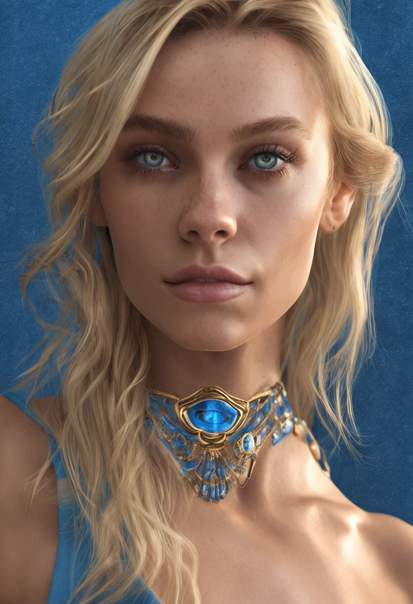 une femme blonde au yeux bleue fixons la camerahyper realiste