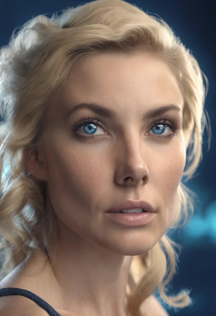une femme blonde au yeux bleue fixons la camerahyper realiste