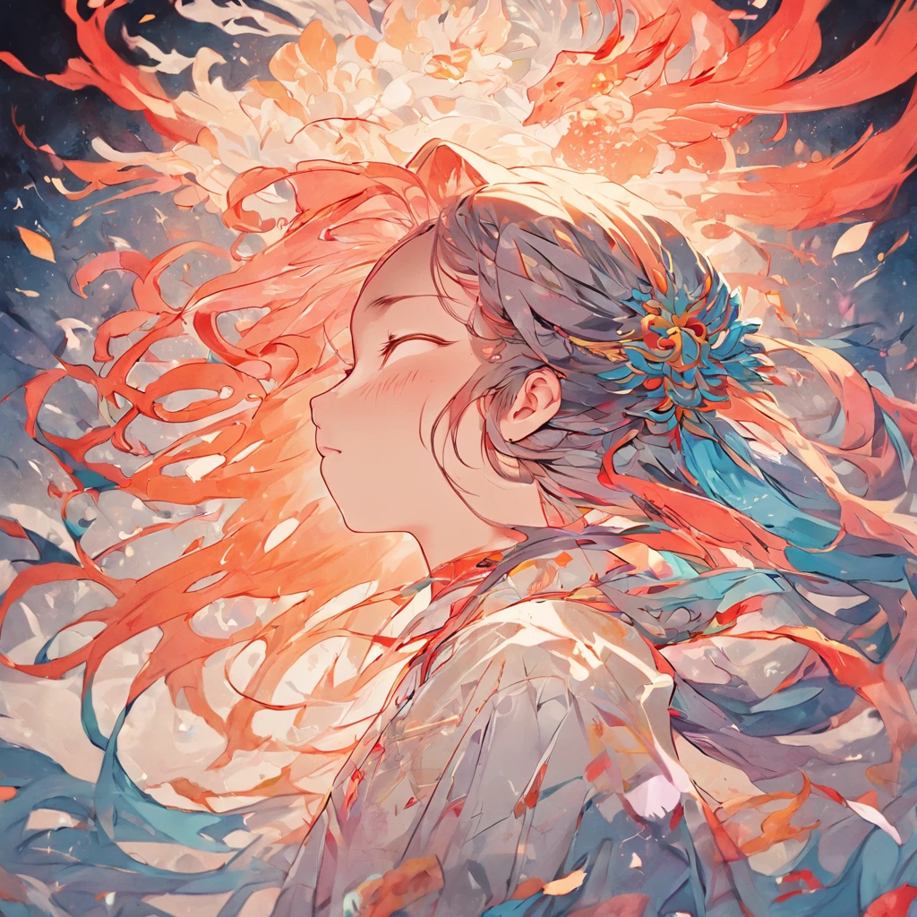 (White background:1.4),(Silhouette of a girl's head, Eyes closed, colorfull long hair, Oriental elements),(Chinese illustration:1.3,paper art:1.3, Quilted paper art:1.2),( reasonable design, Clear lines, High sharpness,Best quality, Very detailed, Masterpiece, movie light effect, 4K )