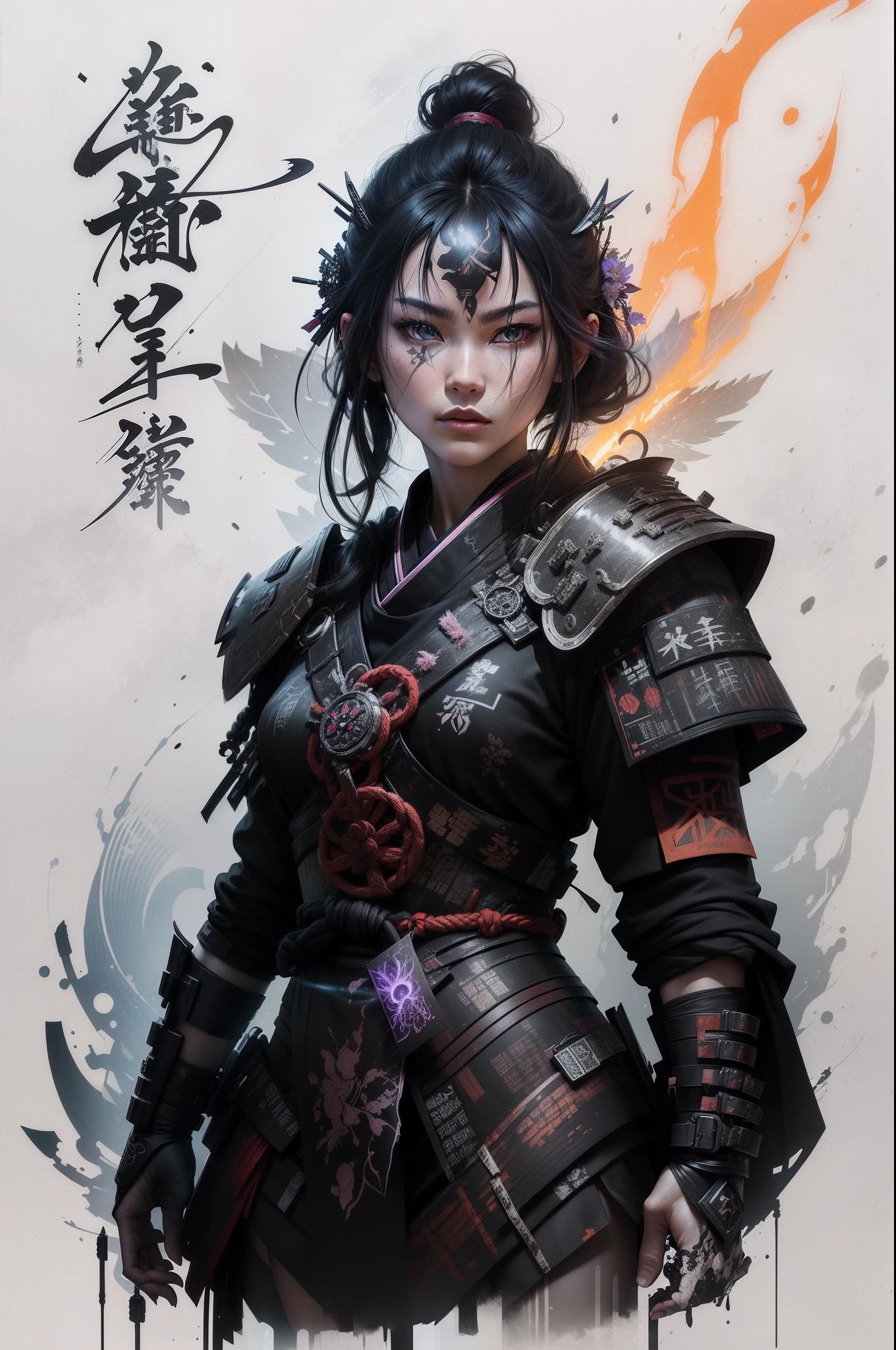 bits of color,  futuristic hand drawn, light, white, gritty, realistic, Rough draw, mix of bold dark lines and loose lines, bold lines, samurai woman, leaves, animals, runes, light theme, full body in picture clearly visible, full body portrait of a mythical dreamy neo-blacklight ink organic bio scene