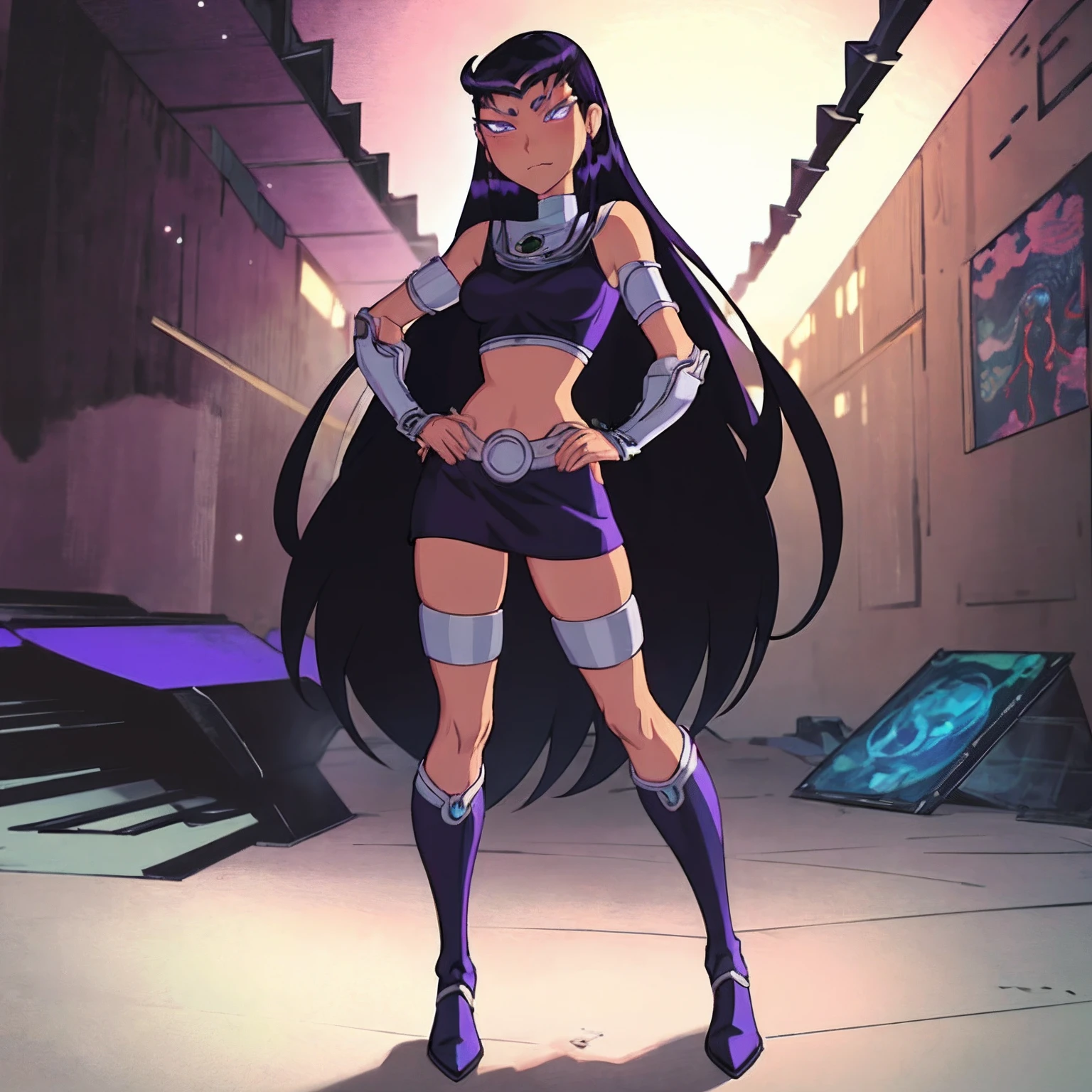 masterpiece:1.2), (intricate details), perfect eyes, perfect face, perfect lighting, beautiful, (masterpiece:1.2), (best quality:1.2), 1girl, cartoon style, blackfire, solo, space background, blush, full body, angry face, armor, black skirt, black boots,, standing