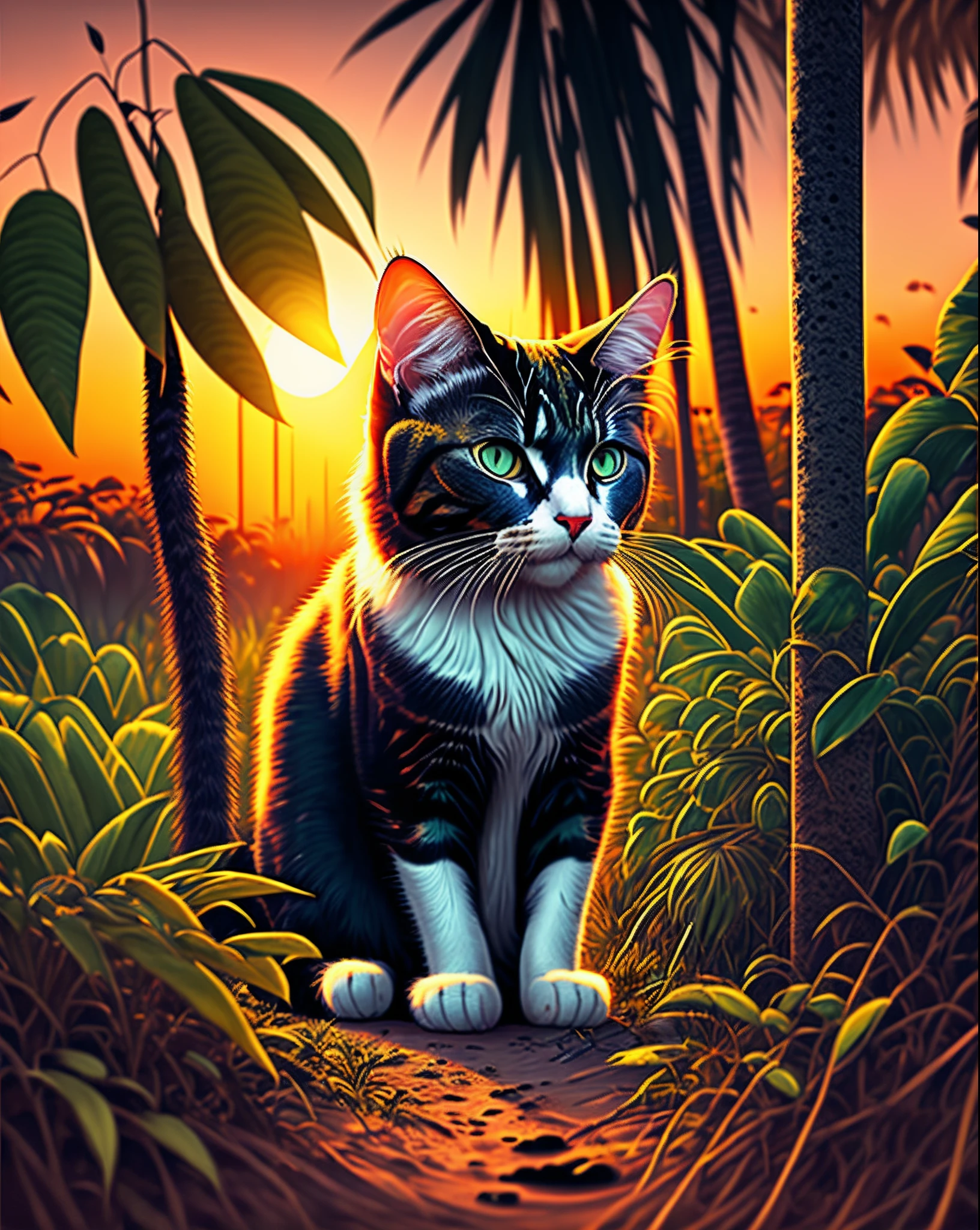 A cat in jungle on sunset