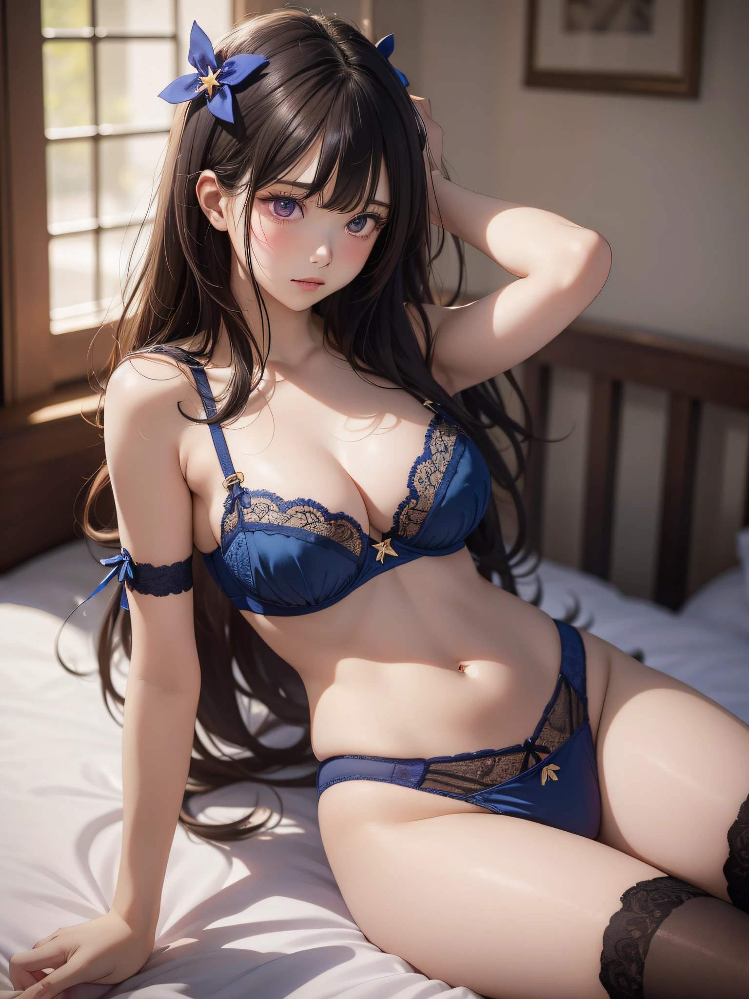master piece, best qualtiy, (Lifelike, Photorealsitic:1.37), in 8K, extremely delicate and beautiful, astonishing, finely detail, officlal art, absurderes, Incredibly ridiculous, hugefilesize, Hyper-detailing, ighly detailed, Beautiful detailed girl, Of Japanese,1girl in, (Perfect female body), full bodyesbian, middlebreasts, (Soft Focus: 1.5), Sleeping girl, 26 years old, she is wearing blue panty, she is wearing blue pajama, she is wearing blue bra, long brown hair, rich lighting, room lighting, (solo), dynamic pose, (slim legs), garter stocking,purple eyes, star-shaped pupils, hair ornament,