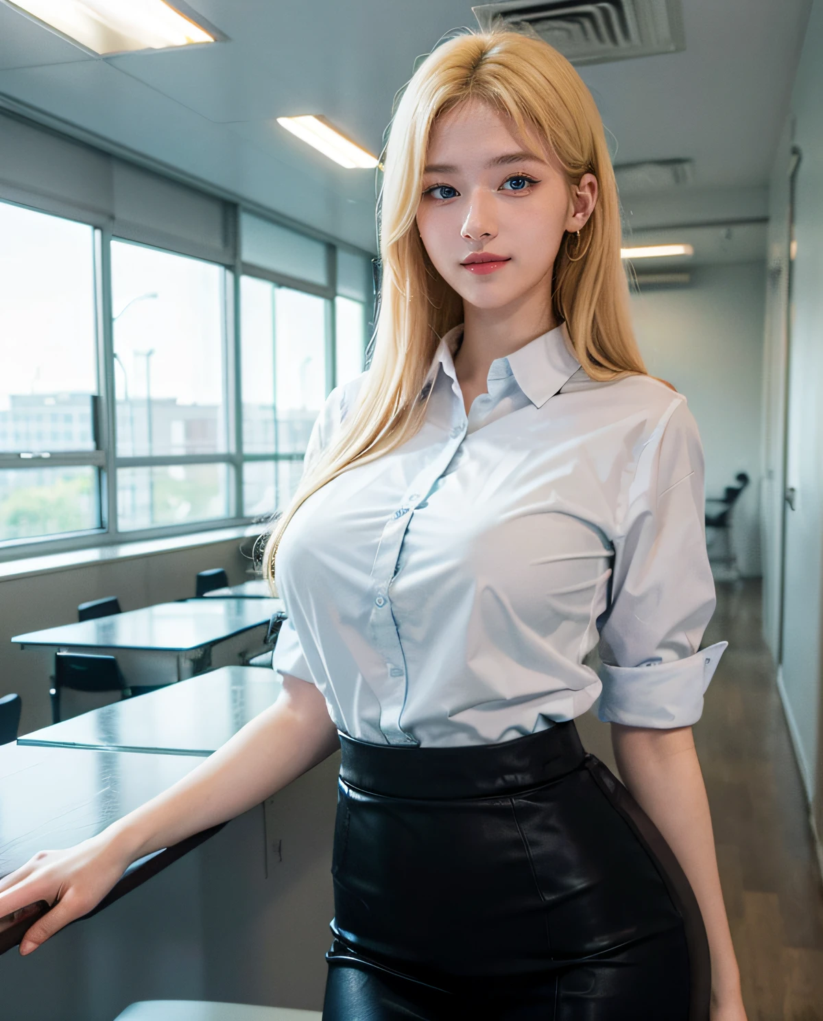 1girl, (Blue Eyes), (smiling :1.2), (Sana Minatozaki), (beautiful makeup :1.2), wide hips, Big tits, (big ass), (Best Quality, 8k, Masterpiece: 1.3), Clear Focus: 1.2, Perfect Body Beauty: 1.4, Highly detailed face and skin texture, detailed eyes, double eyelids, (glossy lips :1.1), (blond long hair :1.2), (white dress shirt), (black office worker skirt), leaning on a desk, next to a window, in an office, computer in the background