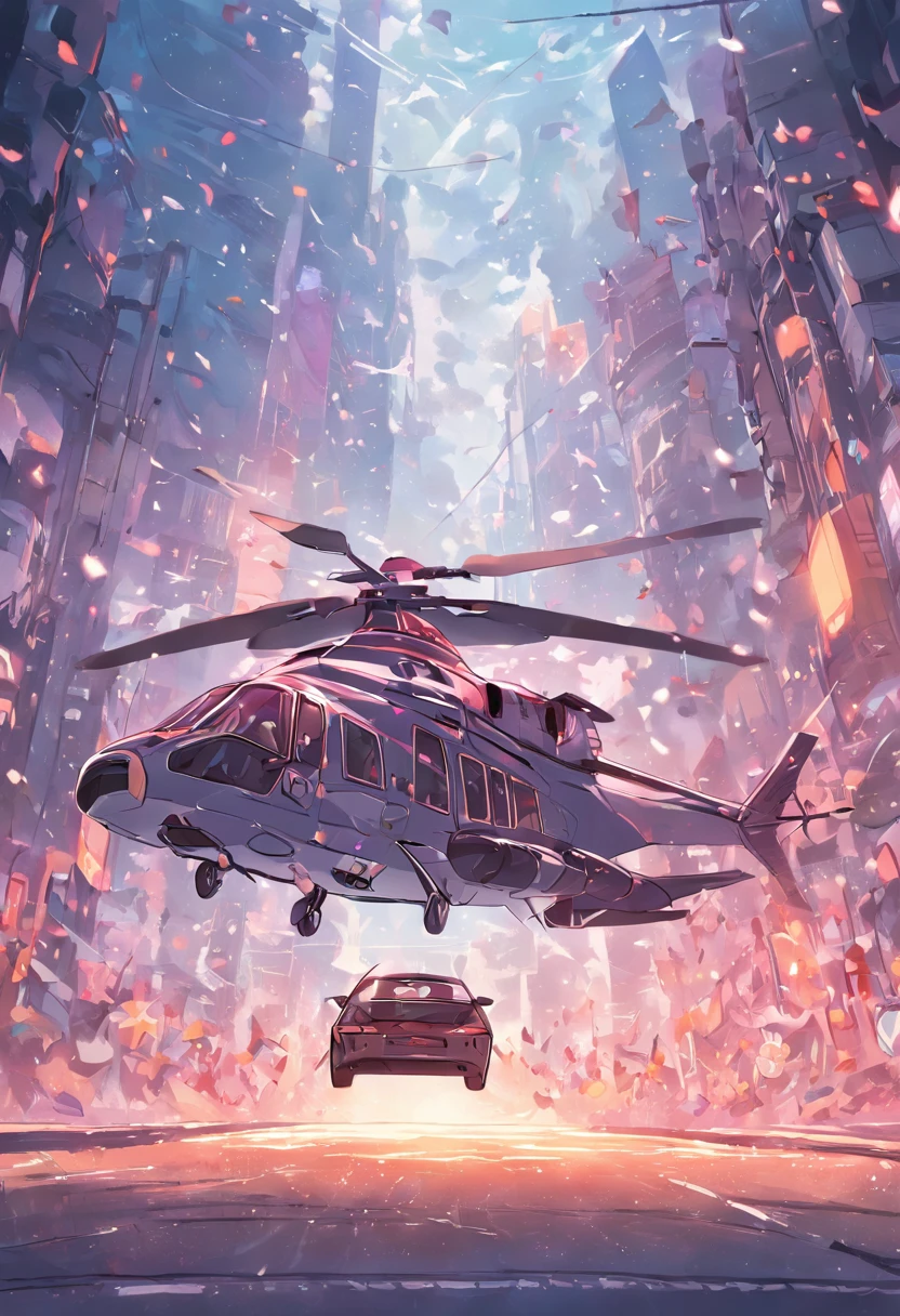A car pulls a helicopter，The car is on the road，Helicopters in the sky，Make it into illustration form，