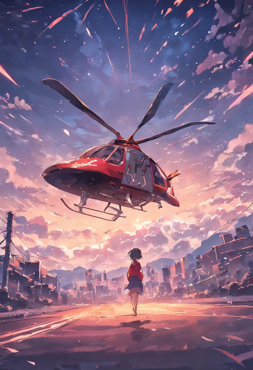A car pulls a helicopter,The car is on the road,Helicopters in the sky,Make it into illustration form,