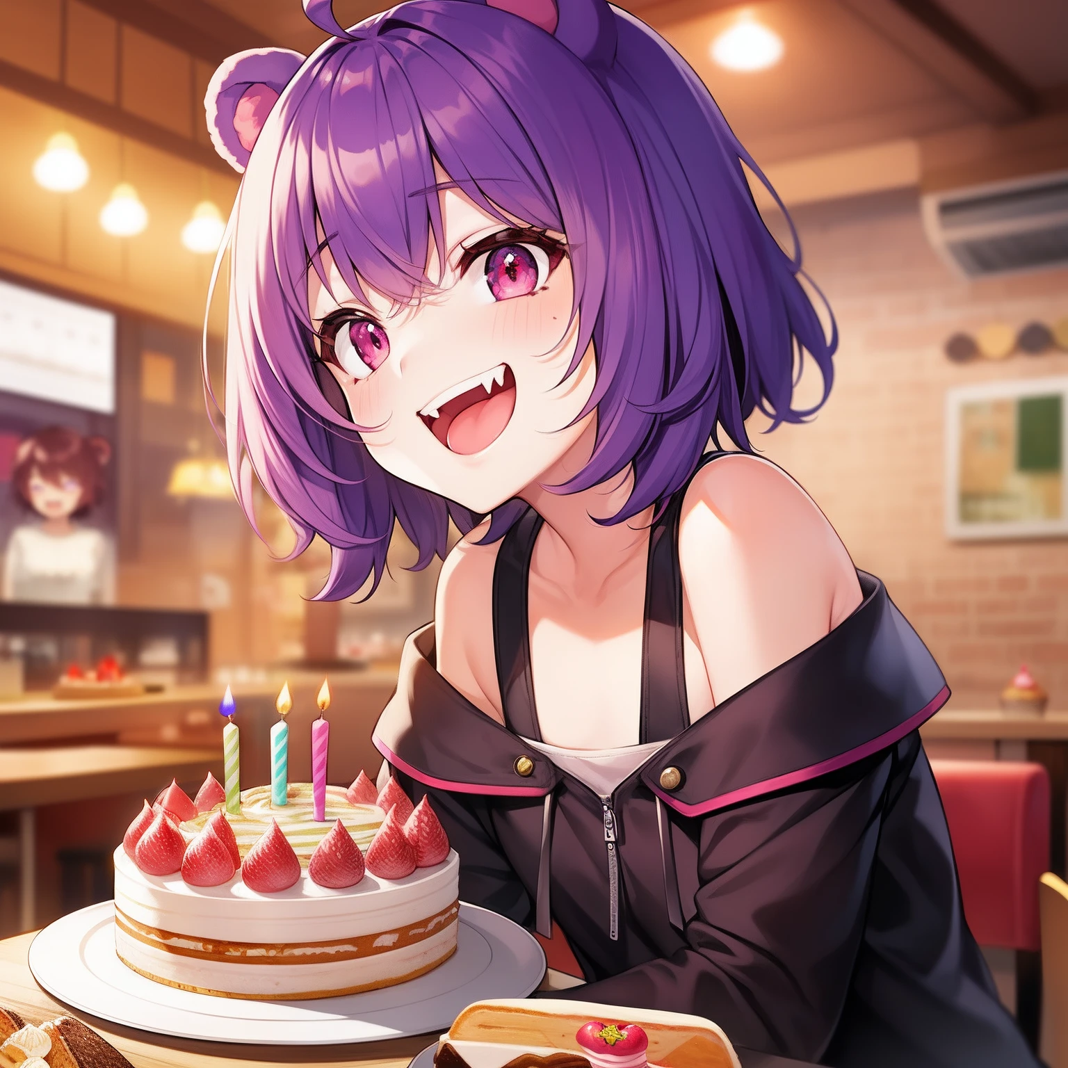 1girl, solo, animal ears, pose, happy, smiling, fangs, purple bear ears, purple hair, ahoge, bangs, short hair, original character, pink eyes, magenta eyes, red eyes, multicolor eyes, short hair, wavy hair, swept bangs, small breasts, flat chest, bear ears, tired, sleepy, bags under eyes, beauty mark, young, , short eyebrows, restaurant background, indoor background, laughing, food awe, food, looking at food, star pupils, awe, food, food plate, eating, cake, birthday cake, birthday, party, birthday party, cupcake, sweets, bakery, happy birthday, happy, excited, thankful, blush, smiling, smile, fangs