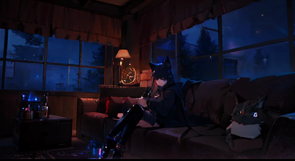 dimly lit room with a man sitting on a couch and a cat sitting on a couch, vrchat, noire moody scene, dimly lit scene, grim and gloomy lighting, chillin at the club together, night outside, gapmoe yandere grimdark, sitting in a lounge, resting after a hard fight, mutants roaming in the evening