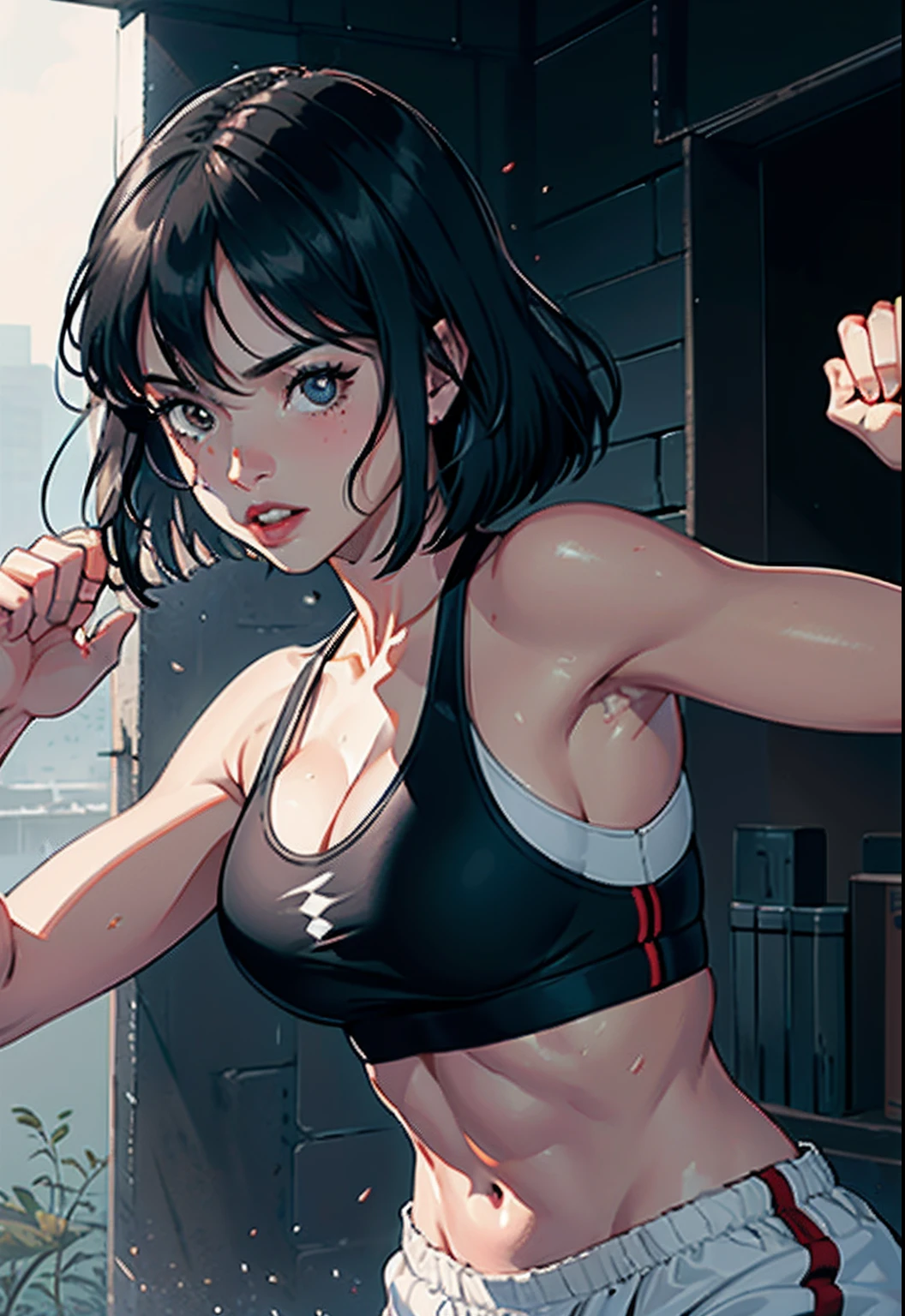 (original), (fondo de pantalla muy detallado), (mejor calidad), (obra maestra), Photographic reality, realista, ilustraciones muy detalladas, (1 girl in), ojos hermosos, (rostro delicado), detalle perfecto, (better lighting), ( super-complex details), (boxeadora), (aggressive punches), sudor, heavy breathing, (ataque opresivo), (ring de boxeo), pantalones cortos deportivos, detalle perfecto, dedos perfectos, extremidades perfectas, impacto, (piel brillante), abdominales , Muscles, cintura, calzoncillos de boxeo, Fistfight, cabello , cabello corto, 4K unificado, (super-detailed CG: 1.2), (8K: 1.2), Realistic octane representation