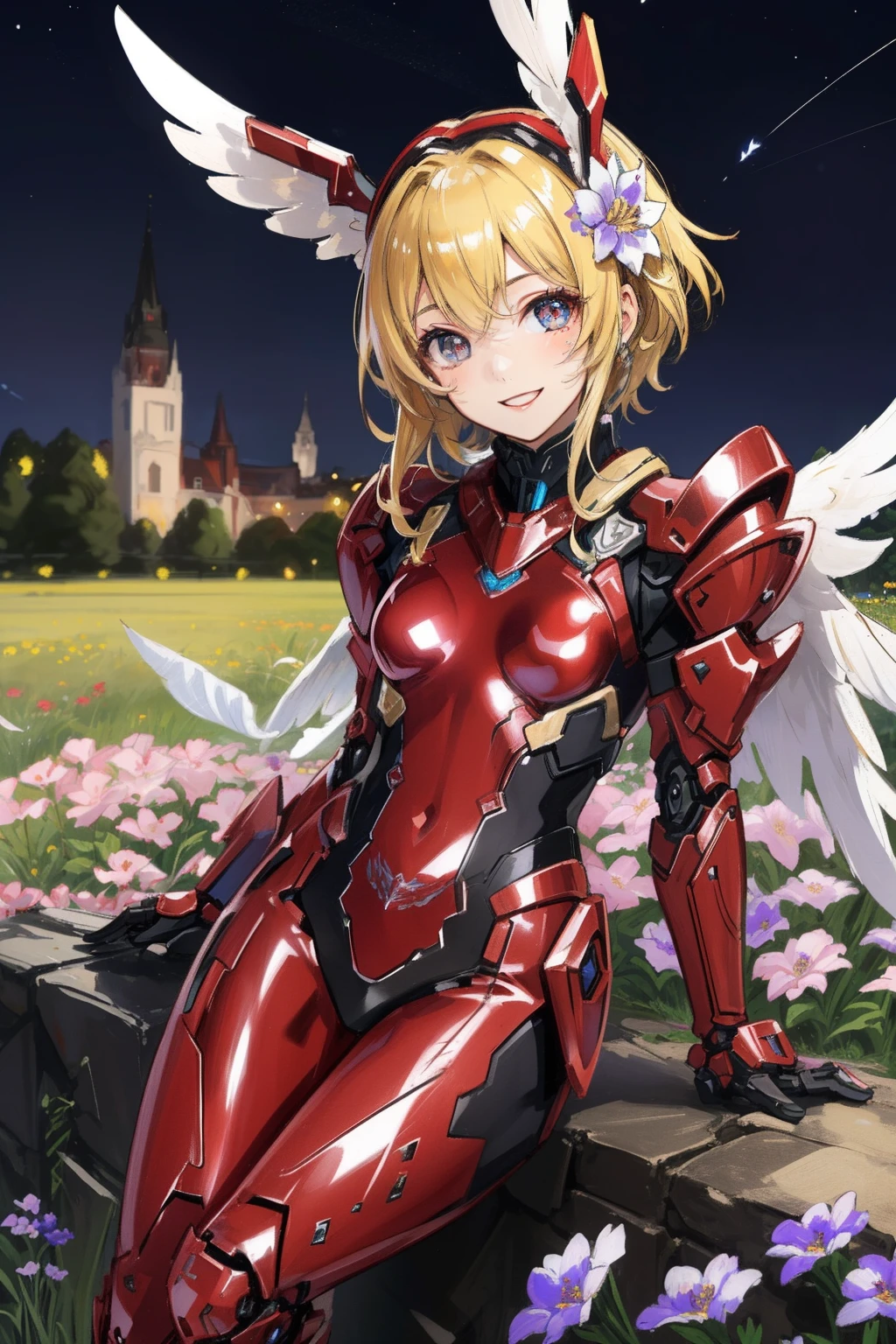 (master piece, Best Quality), Intricate details, valkyrie, kawaii, (((Cheerful smile))), Opens mouth and laughs, Hand up, Looking at Viewer, Feather Headgear, night sky, (((Flower meadow))), Sitting, student,
1girl in, Solo, Realistic, ultra-detailliert, (Shiny skin:1.4), Absurd, slender, Dynamic lighting, High resolution, Sharp Focus, depth of fields, Detailed eyes, Sharp pupils, Realistic pupils, (Small breasts:1.6), (thick thighs:1.0),
Portrait, short blonde Hair, drooping eyes, Crimson thighs, Deep Red Detached Single Sleeve, Robot joints, Deep Red Gloves, Deep Red Bodysuit, Deep Red Reinforced Suit, Closed feather wings, pantyhose, Deep Red Full Armor, flower decoration,
