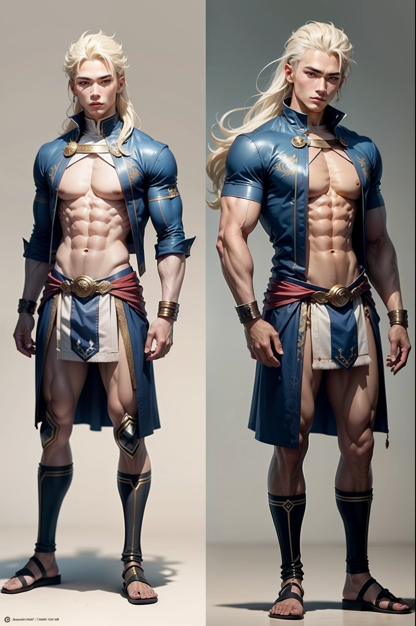 male warrior tribe, god of ice and is the first to appear tall as a god, short hair, character design sheet, different poses, different angles, 1boy, single, asian boy, reference sheet, perfect face, hansome face, 1.85 tall, shaved, gods greek outfit, muscle body, athletic body. (Blue perfect eyes), (long hair), (long bangs), (blonde hair), (pale skin), background simple