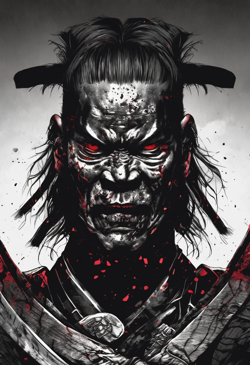 rosto de um samurai zumbi com fundo preto, estilo tenebroso e sombrio, menacing expression, olhos brilhando, cicatrizes proeminentes, nevoeiro sinistro ao redor do samurai, detalhes macabros no rosto, rosto estilizado com sombras profundas, alto contraste.