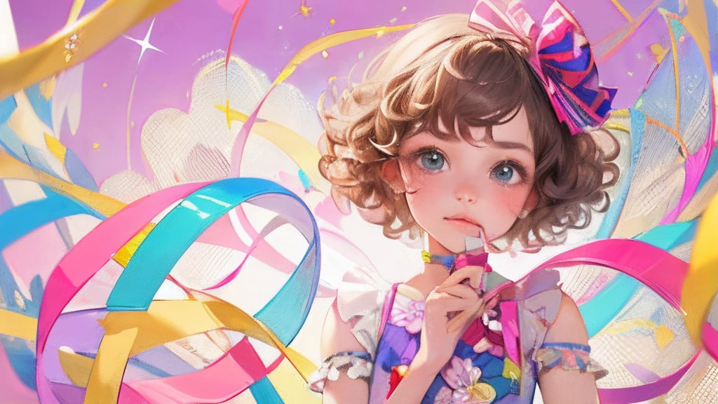 "(Best quality, masterpiece, ultra-realistic) | (Portrait of a cute girl with short, curly hair adorned with colorful ribbons, wearing a frilly dress with floral patterns, and accessorized with a matching bow and sparkly shoes