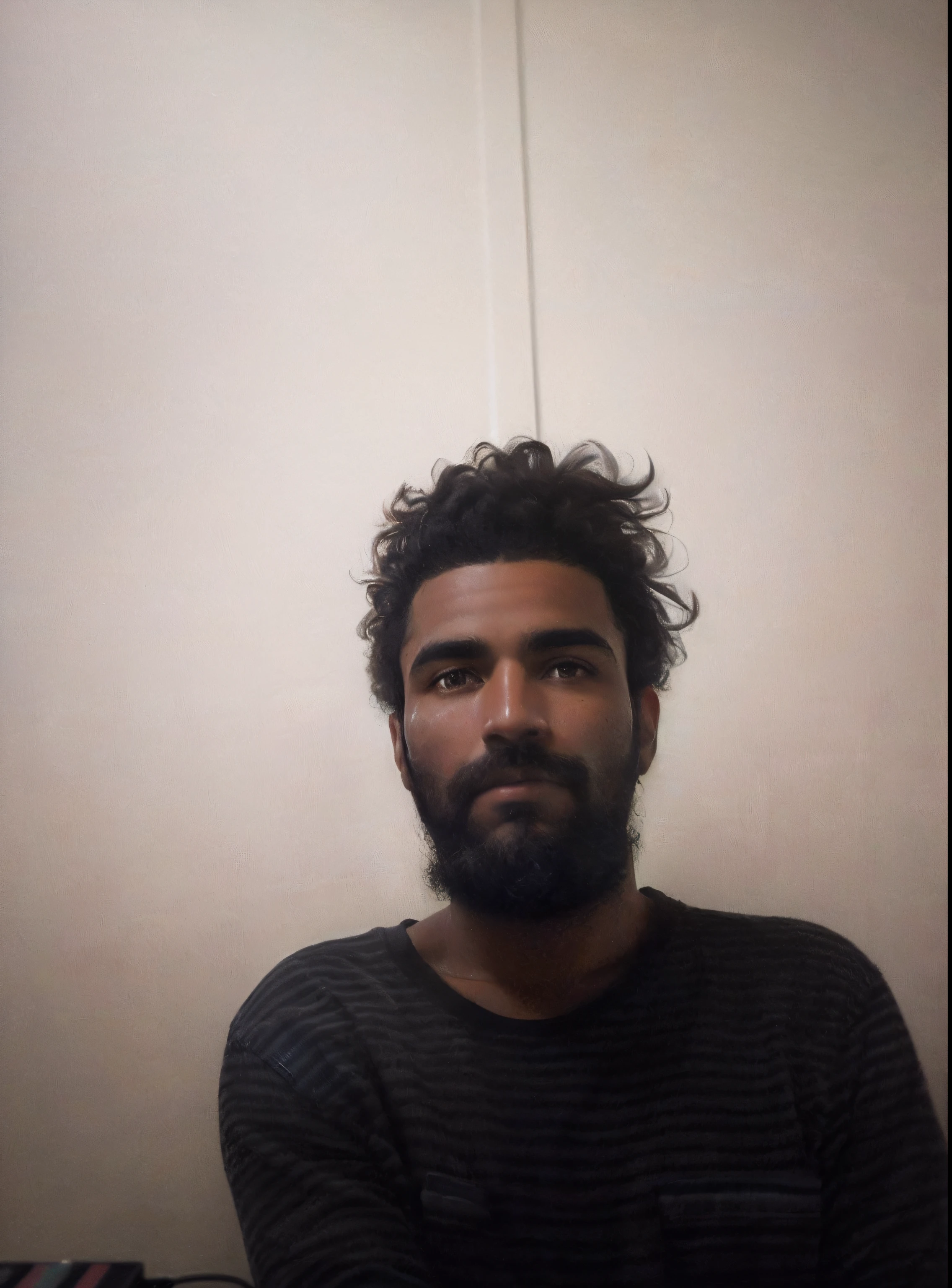 arafed man with a beard and a striped shirt looking up, a photo of a handsome man, profile picture, profile image, 3 2 years old, 3 6 years old, mugshot!!!!!, 38 years old, mugshot!!!, profile pic, aboriginal australian hipster. Sitting in a fully equipped music studio. Microphone is recording, mixing decks visible.