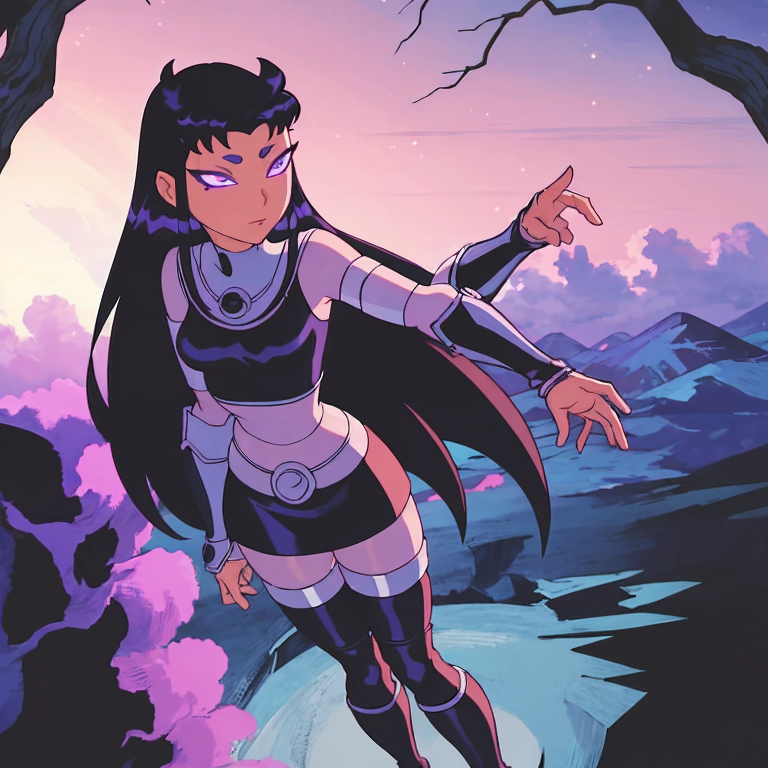 masterpiece, best quality, 1girl, perfect eyes, intricate details, perfect eyes, blackfire, cartoon style, armor, black skirt, black boots, full body, beautiful eyes, miniskirt, black leggings,standing up in a tree, looking down at viewer, POV