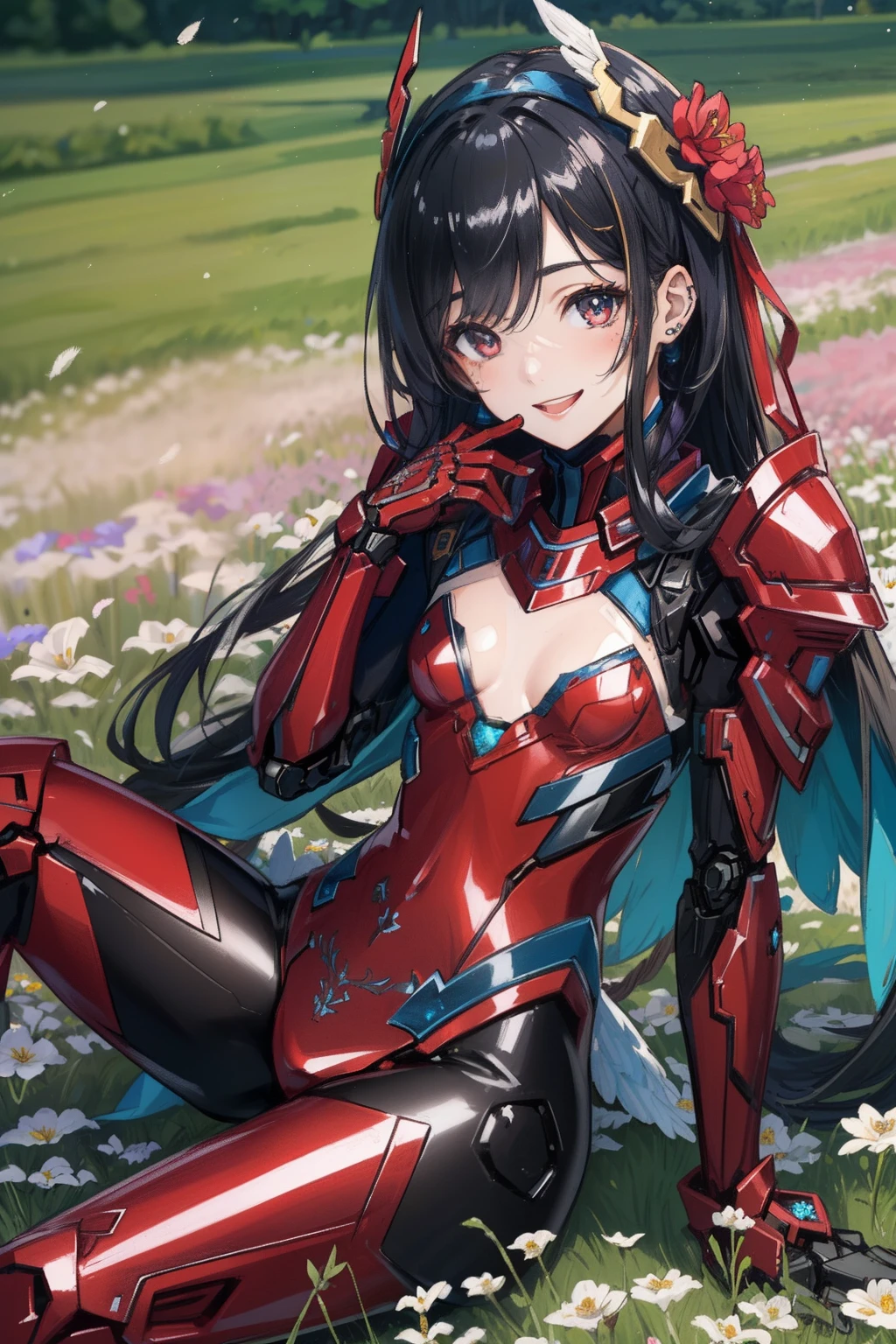 (master piece, Best Quality), Intricate details, valkyrie, kawaii, (((Cheerful smile))), Opens mouth and laughs, Hand up, Looking at Viewer, Feather Headgear, (((Flower meadow))), Sitting, student,
1girl in, Solo, Realistic, ultra-detailliert, (Shiny skin:1.4), Absurd, slender, Dynamic lighting, High resolution, Sharp Focus, depth of fields, Detailed eyes, Sharp pupils, Realistic pupils, (Small breasts:1.6), (thick thighs:1.0),
Portrait, short black Hair, drooping eyes, Crimson thighs, Deep Red Detached Single Sleeve, Robot joints, Deep Red Gloves, Deep Red Bodysuit, Deep Red Reinforced Suit, Closed feather wings, pantyhose, Deep Red Full Armor, flower decoration,