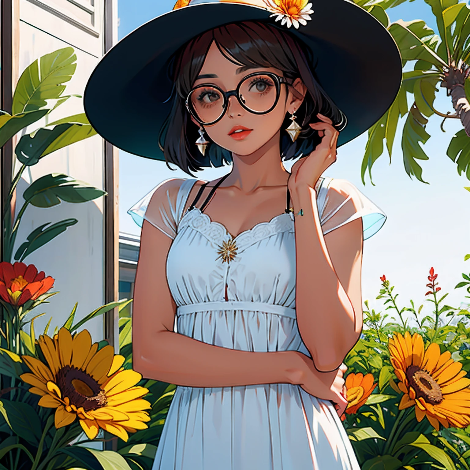 1 girl in, solo, estrella de mar, concha, shell, flor, sombrero, adorno para el pelo, jewely, sombrero de copa, Mirando al espectador, Gafas de sol, flor de sombrero, pajita, pinza para el cabello, aretes, flor roja, Gafas tintadas, flor amarilla, golpes, English text, cabello negro, flor de naranja, anillo, taza, cabello corto, gafas de color naranja, comida, retrato, adorno para el cabello de concha