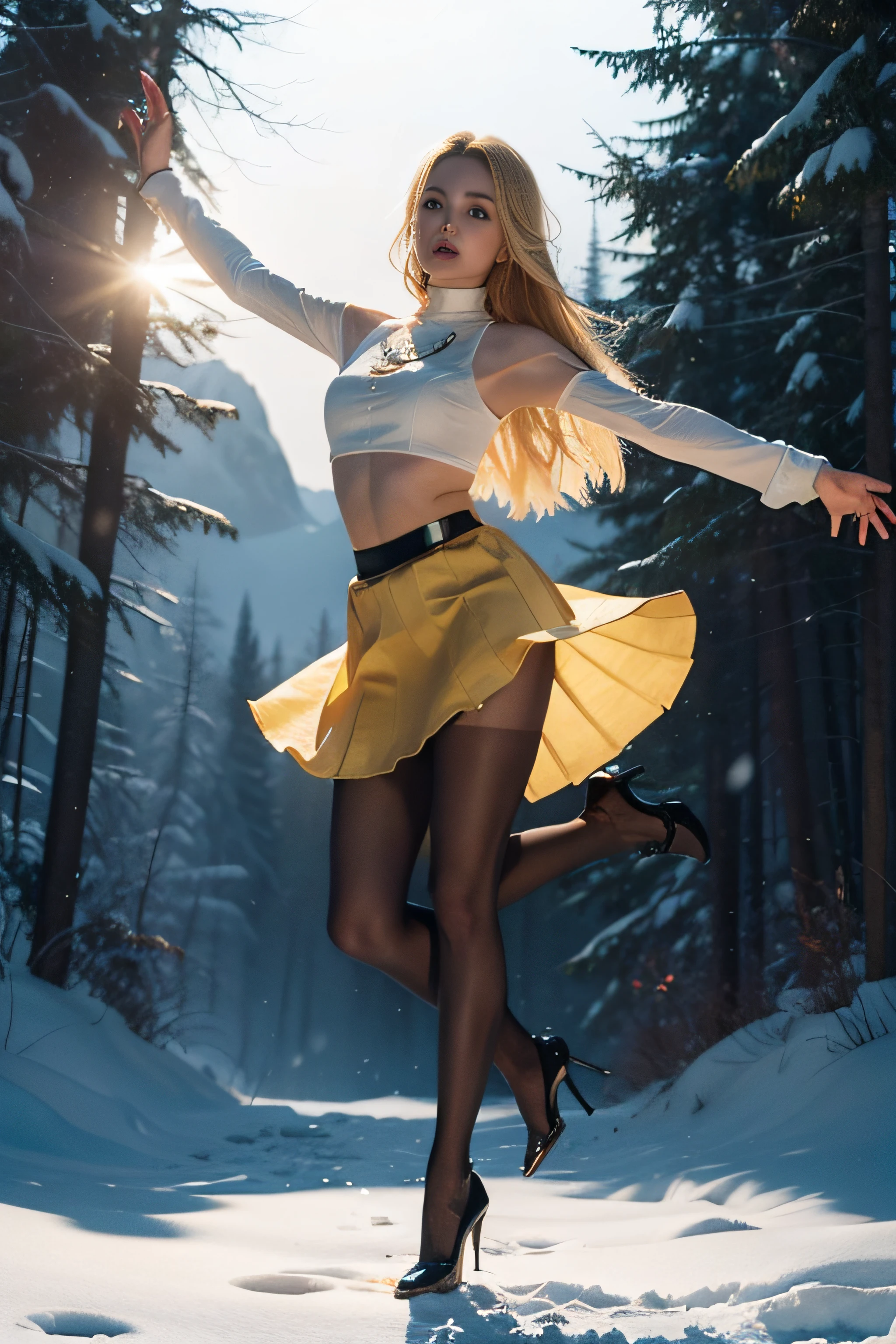 (full body:1.5),(1girl:1.3),(view the viewer:1.4),(anatomy correct:1.4),(Opaque pantyhose and pointed thick heels :1.3),(Dancing on the top of a snowy mountain:1.2),(Wearing a Indian style high waisted skirt:1.2),(Long blonde hair:1.2),(Accurate and perfect face:1.3),(Long legs:1.3),hyper HD, Ray traching, reflective light, structurally correct, Award-Awarded, high detail, lighten shade contrast, Face lighting ,cinematic lighting, masterpiece, super detailing, high quality, high detail, best quality, 16k,High contrast,