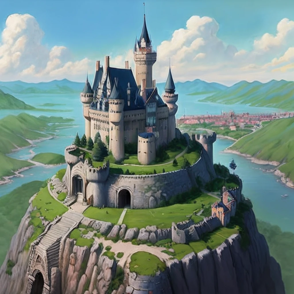 Miyazaki painting style castle on high ground,There are towns below