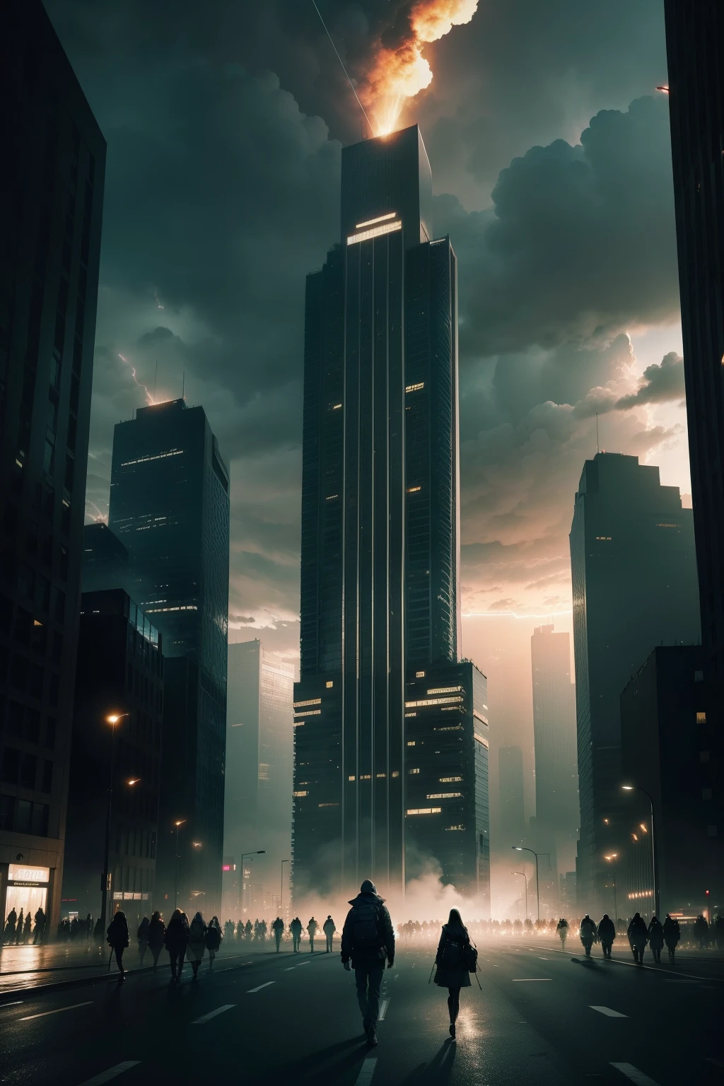 Apocalyptic wind,High-rise buildings lit up with lights,Farsighted perspective,People walk in a hurry