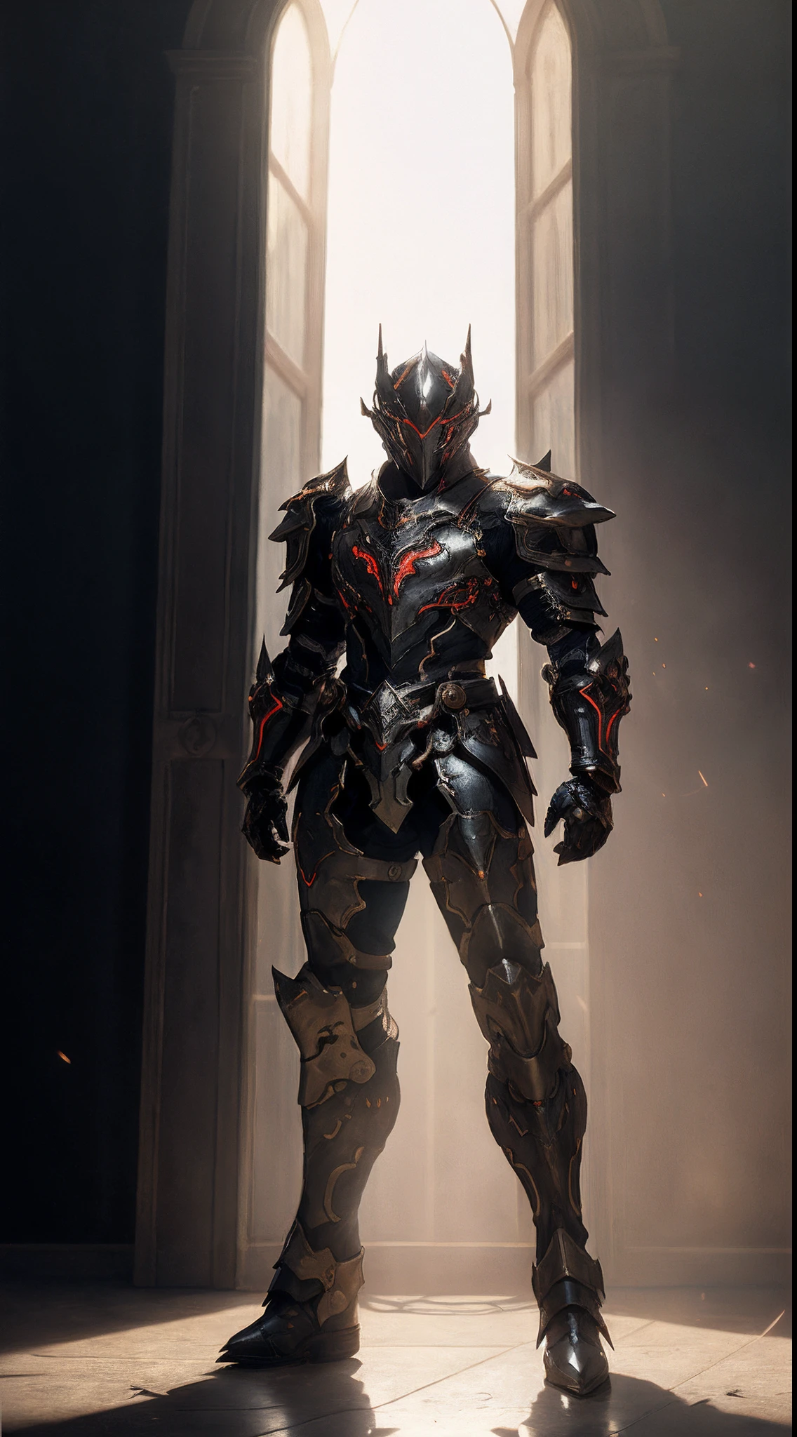 A man wearing a full-face helmet that covers most of his face, adorned in a biomimetic fantasy-style armor, the predominant black color is accented with red textures in the design this character embodies a finely crafted fantasy-style armored warrior design in anime, ((character concept art)), full body character drawing, high definition, best quality, ultra-detailed, extremely delicate, anatomically correct, symmetrical face, extremely detailed eyes and face, high quality eyes, creativity, RAW photo, UHD, 16k, (Natural light, cinematic lighting, masterpiece:1.5)