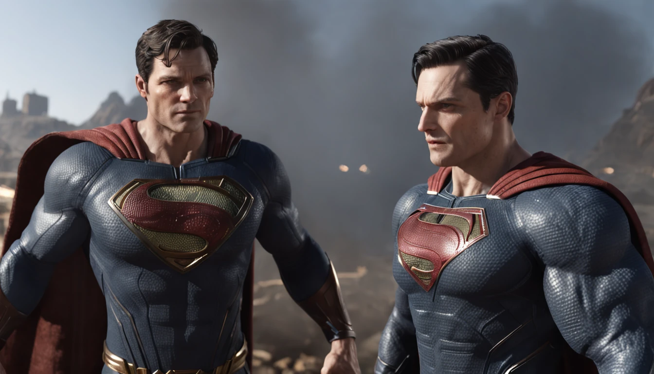 um jogo do superman do ps5, 3d, 4k, Ultra realista, Sombras, HDR, Fighting the villain Thanos