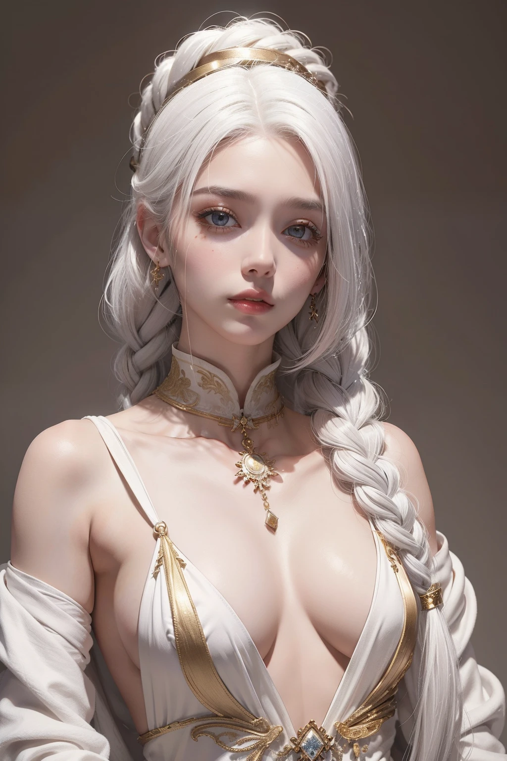 top-quality、​masterpiece、white  hair、Gold Eye、white  clothes、look up to、The upper part of the body、Hair strands、light skinned、Side braid、Smaller chest、are visible、Beautiful nipples、Beautiful areola