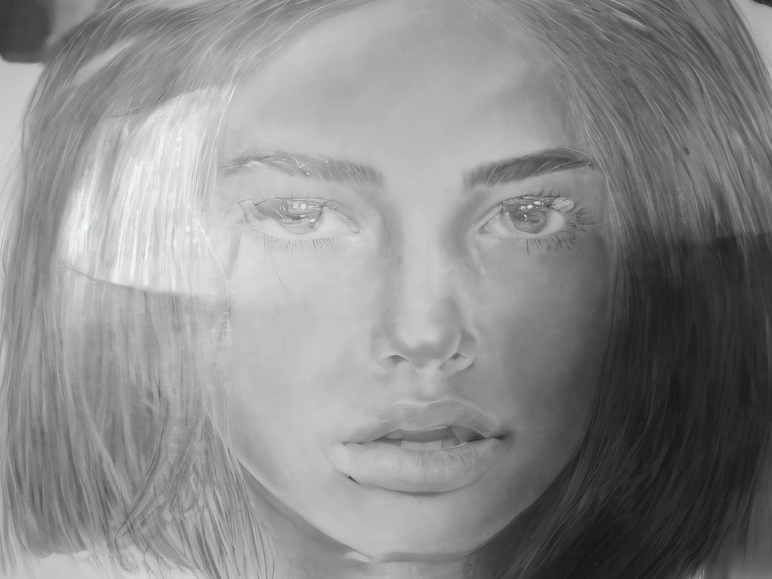 um close up de um desenho de uma mulher com um grande sorriso, potrait de um rosto feminino, retrato do rosto, retrato do rosto, realistic sketch, grafite sobre papel, hyperrealistic sketch, desenho de realismo, pintura no rosto em escala de cinza, Rosto detalhado, Rosto realista, retrato fechado, Retrato de Megan Fox, monochrome drawing, charcoal portrait, Rosto detalhado ), retrato facial