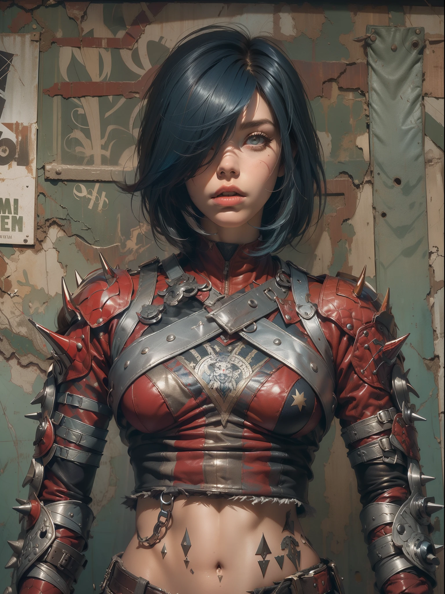 (((mulher))), (((melhor qualidade))), (((obra prima))), (((adulto))), (((1girl))), ((( corte de cabelo bob ))), Uma gladiadora cyberpunk mulher de 25 anos com corpo perfeito, shoulder pads with metal spines, Gladiadores do Brooklyn, (( corte de cabelo bob )), tiny leather panties, camiseta de time de rugby rasgada, quase nua no estilo selvagem urbano de Simon Bisley para a capa da revista Heavy Metal, Cabelo loiro curto, Minimum clothing, Metal protection on the left arm with intricate graphics, Dark red with white stars and zigzag striped pattern, azul marinho e branco, armadura, cheio de espinhos, (((do joelho pra cima))), cabelos loiro branco curto, no fundo uma parede pintada por Shepard Fairey com um design intrincado