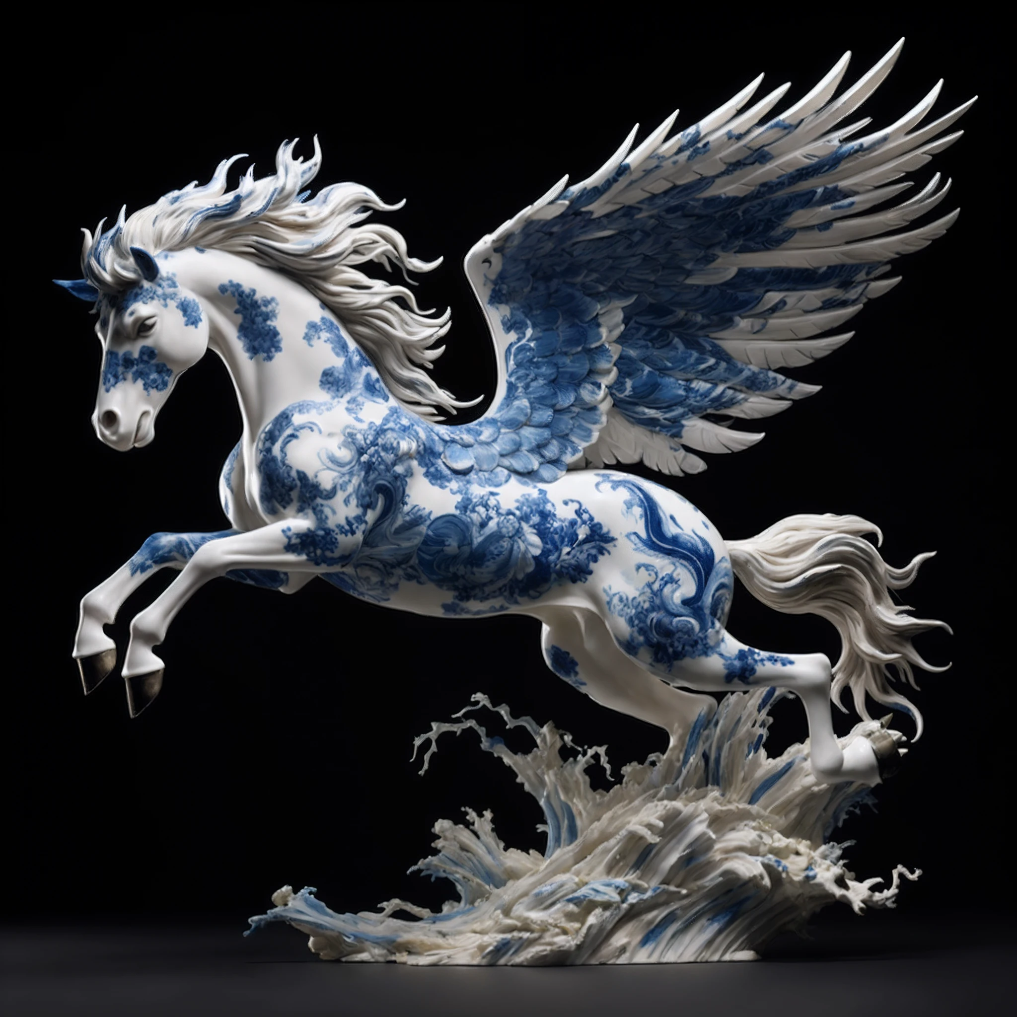 Blue and white porcelain horse，Porcelain texture，There is a statue of a horse with wings, Pegasus, affable ， wenjun lin, Eat Zhuoxin, porcelain sculpture, chengwei pan, author：Tan Yang Kano, feng zhu |, yanjun cheng, By Shen Quan, wei wang, “hyper realistic, author：Shen Zhecai, author：Chen Lin