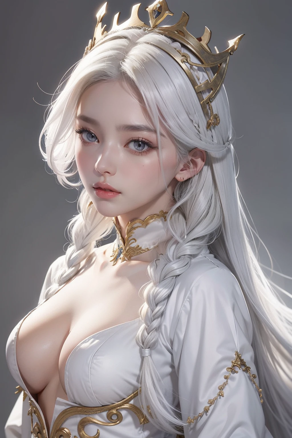 top-quality、masterpiece、white hair、Gold Eye、white clothes、look up to、The upper part of the body、Hair strands、light skinned、Side braid、Crown of the Pope、are visible、Beautiful nipples、Beautiful areola、Smaller chest、silk clothes