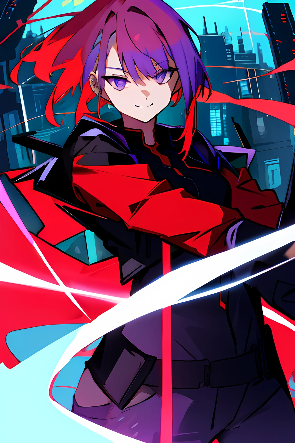 lucy \(cyberpunk\), masterpiece, red hair, solo, looking at viewer, black jacket, 1girl, red shirt, city night, smile, purple eyes