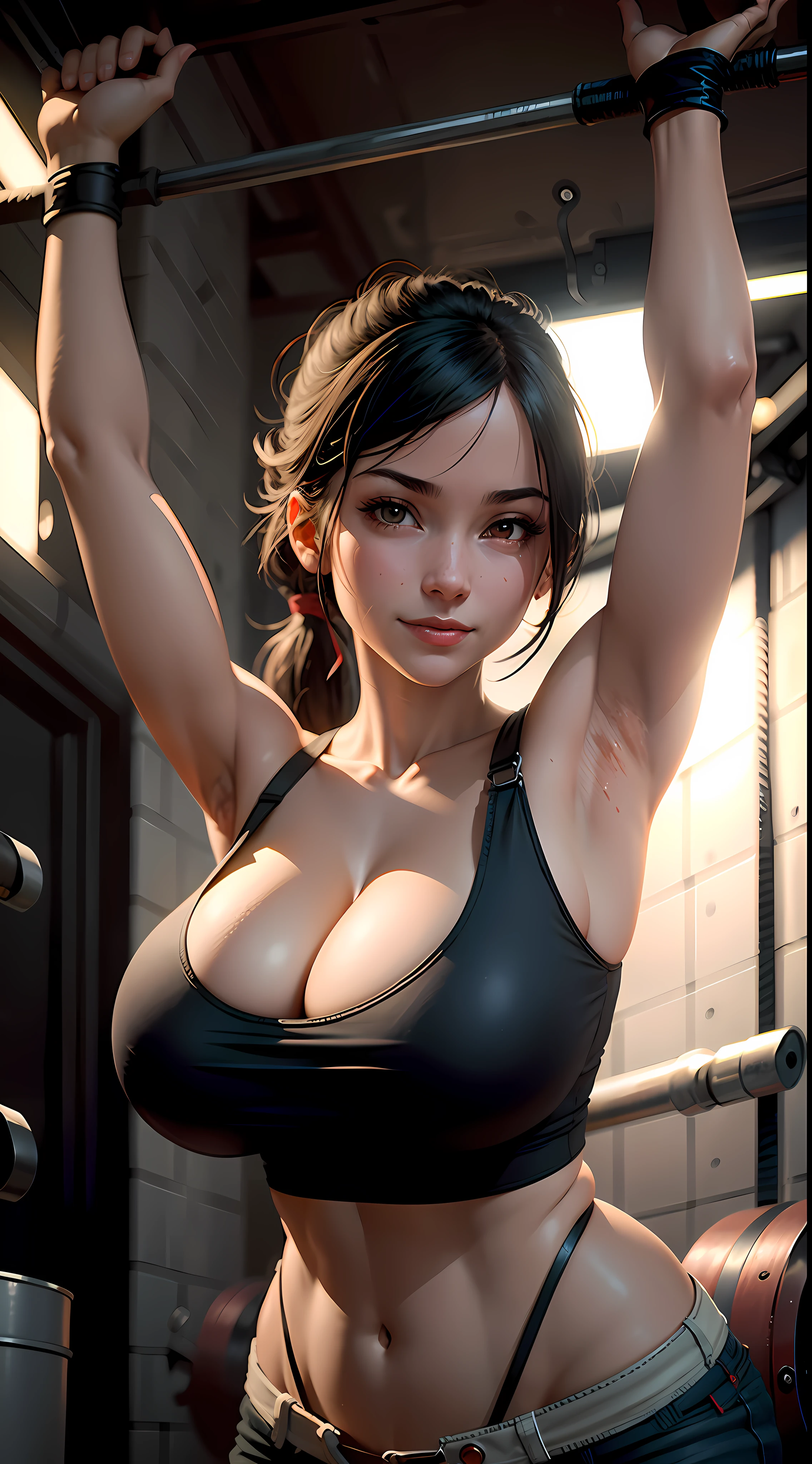 Tifa lockhart, tifa_lockhart, ff7, (white tank top:1.2), black miniskirt, black long hair, long eyelashes, (beautiful red eyes:1.3), surrealism, shadow, stereogram, (photorealistic, realistic: 1.2), POV, atmospheric perspective, cinematic lighting, ray tracing, 8k, super detail, best quality, masterpiece, well detailed, (Canon EOS R6, 135mm, 1/1250s, f/2.8, ISO 400:0.9), (huge breasts:1.5) low tied hair, by a industrial factory with pipes at night, smiling, happy, (doing a pull-up:1.5) exercise, pullup