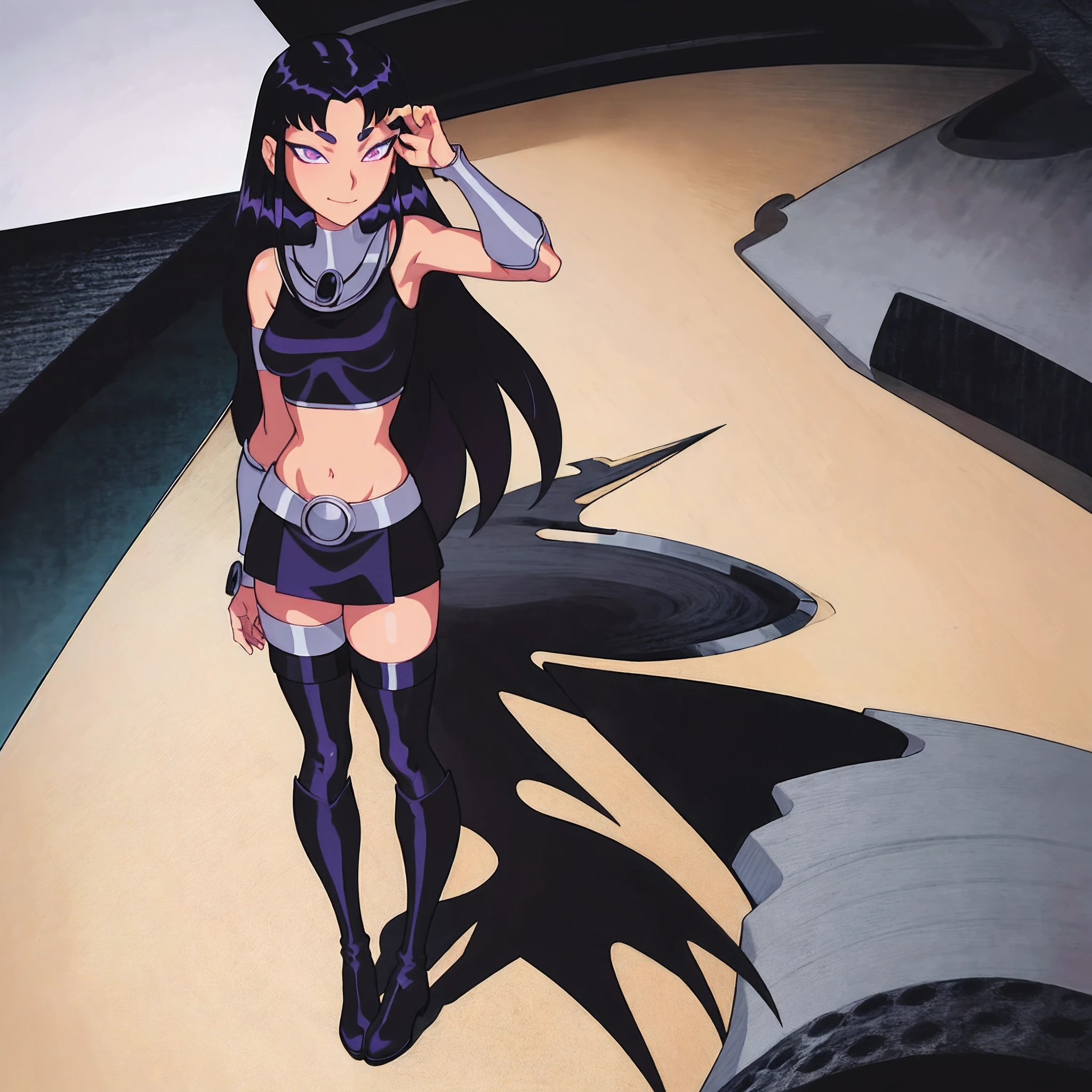 masterpiece, best quality, 1girl, perfect eyes, intricate details, perfect eyes, blackfire, cartoon style, armor, black skirt, black boots, full body, beautiful eyes, miniskirt, black leggings,standing up in a tree, looking down at viewer, POV, smile