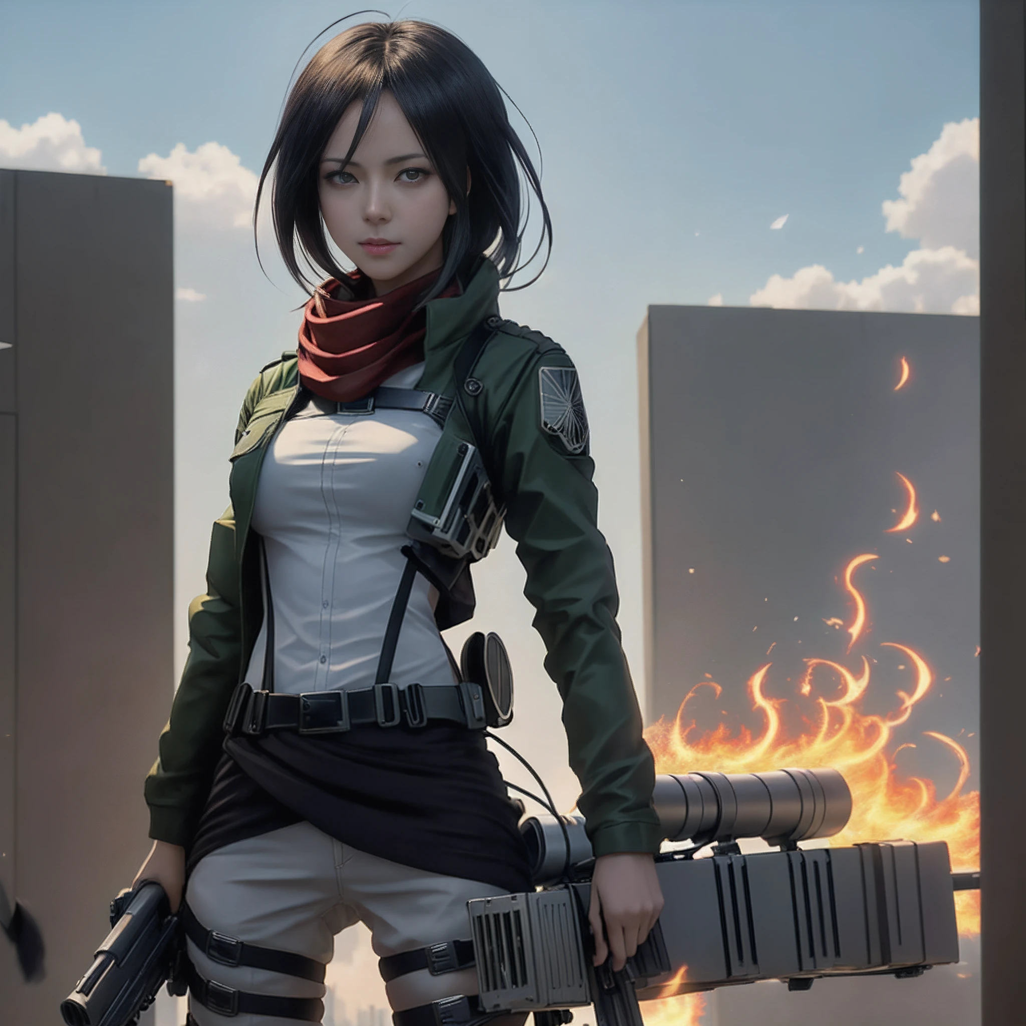 Image of Mikasa Ackeman with gun and rifle in a city setting, Wojtek FUS, Artgerm e Ilya Kushinov, gama murata e artgerm, Alena Aenami e Artgerm, autor：Yoshihiko Wada, garota anime cyberpunk, germe da arte. anime illustration, badass anime 8 k, Ross Tran 8 K, menina de anime cyberpunk feminino, Imagem de Mikasa Ackeman de ((corpo inteiro)) Red scarf on neck,  seios grandes, peitos grandes, corpo definido, guerreira, sensual, zoom em seus olhos, (1girl em)、(realisitic)、( fotorrealista:1.5)、Batomornsardas、cabelos pretos, 8k UHD、(filmgrain) extremamente delicado e bonito、8k, alta qualidade、alta resolução, ju、ighly detalhado、belos olhos detalhados、 olhos e rosto extremamente detalhados、obra prima、(lighting like a movie)、(pele de alto detalhe:1.2)、8k UHD、Digital SLR、a strong illumination of fire、alta qualidade、filmgrain、obra prima, qualidade superior, alta qualidade, alta resolução, ((muito nitido)), Photo taken with long-range professional camera, alta qualidade, preservar face, sensual