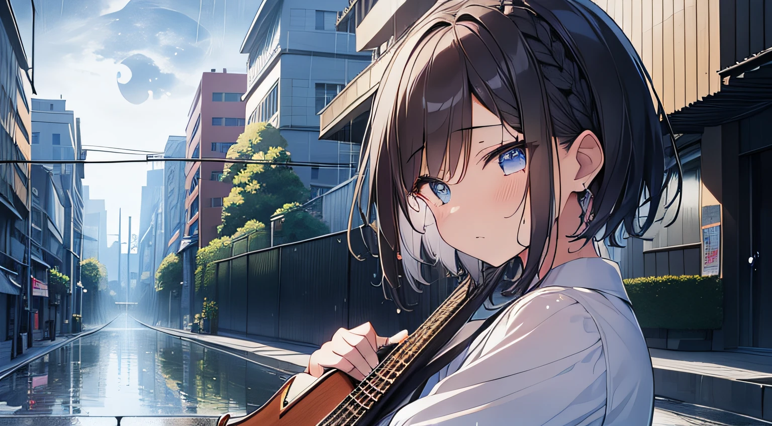 masutepiece, Best Quality,Illustration, Wallpaper, Ultra Detail, absurderes, 1girl in, Solo, (Medium short hair、short braided hair), Beautiful detailed eyes, rainfall、water dripping、wetting hair , Looking to the side, (Street:1.5), Cloudy sky、Distant Moon、Guitar、acoustic guitar