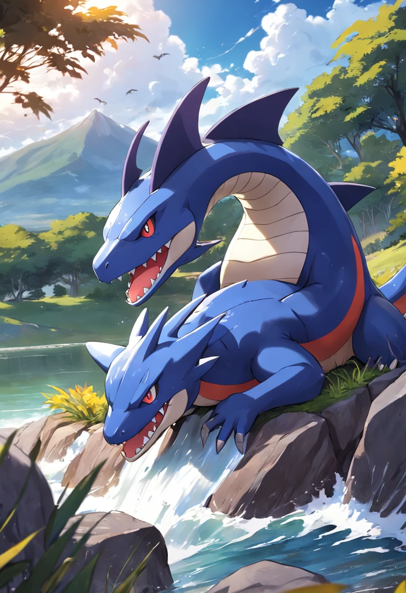 "Gere uma imagem com o pokemon Garchomp por um lago relaxante, com uma majestosa montanha ao fundo. (POkemon Garchomp by the lake, Ambiente relaxante, majestosa montanha ao fundo)"