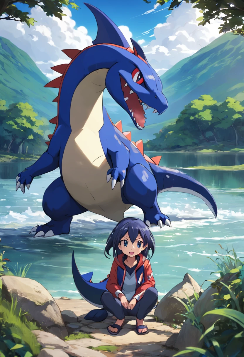 "Gere uma imagem com o pokemon Garchomp por um lago relaxante, com uma majestosa montanha ao fundo. (POkemon Garchomp by the lake, Ambiente relaxante, majestosa montanha ao fundo)"