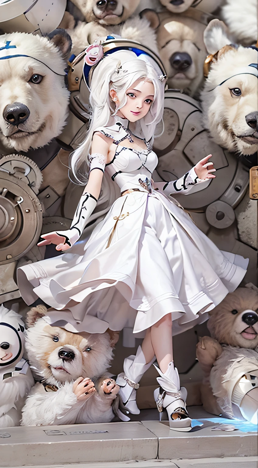 The enchanting woman raised her hand happily,Beautiful Women with Perfect Figure,Beautiful white skin,Beautiful eyes,Glossy lips,Lovely smile,White hair,Wearing white minimalist clothing,Cute cartoon mechanical bear next to it